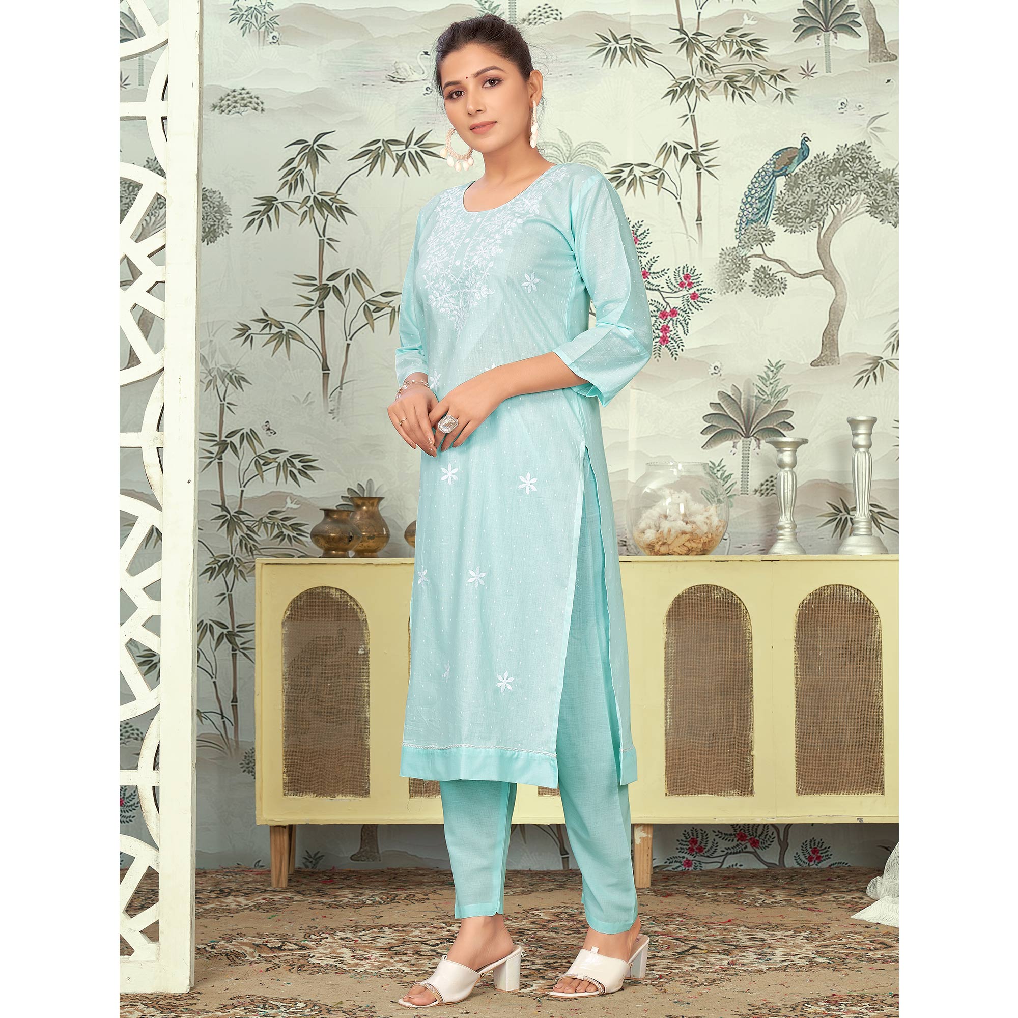 Blue Embroidered Pure Cotton Salwar Suit