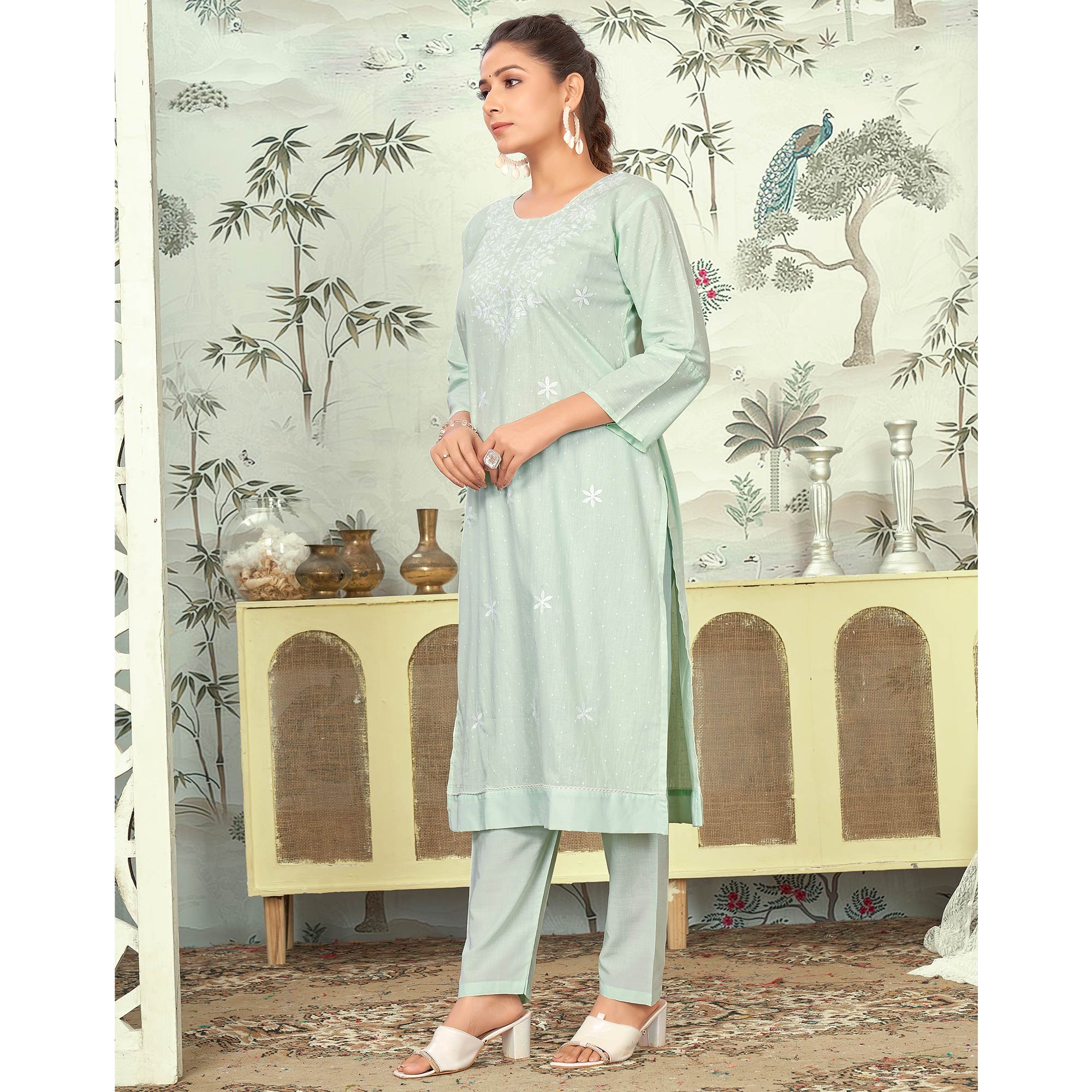 Sea Green Embroidered Pure Cotton Salwar Suit