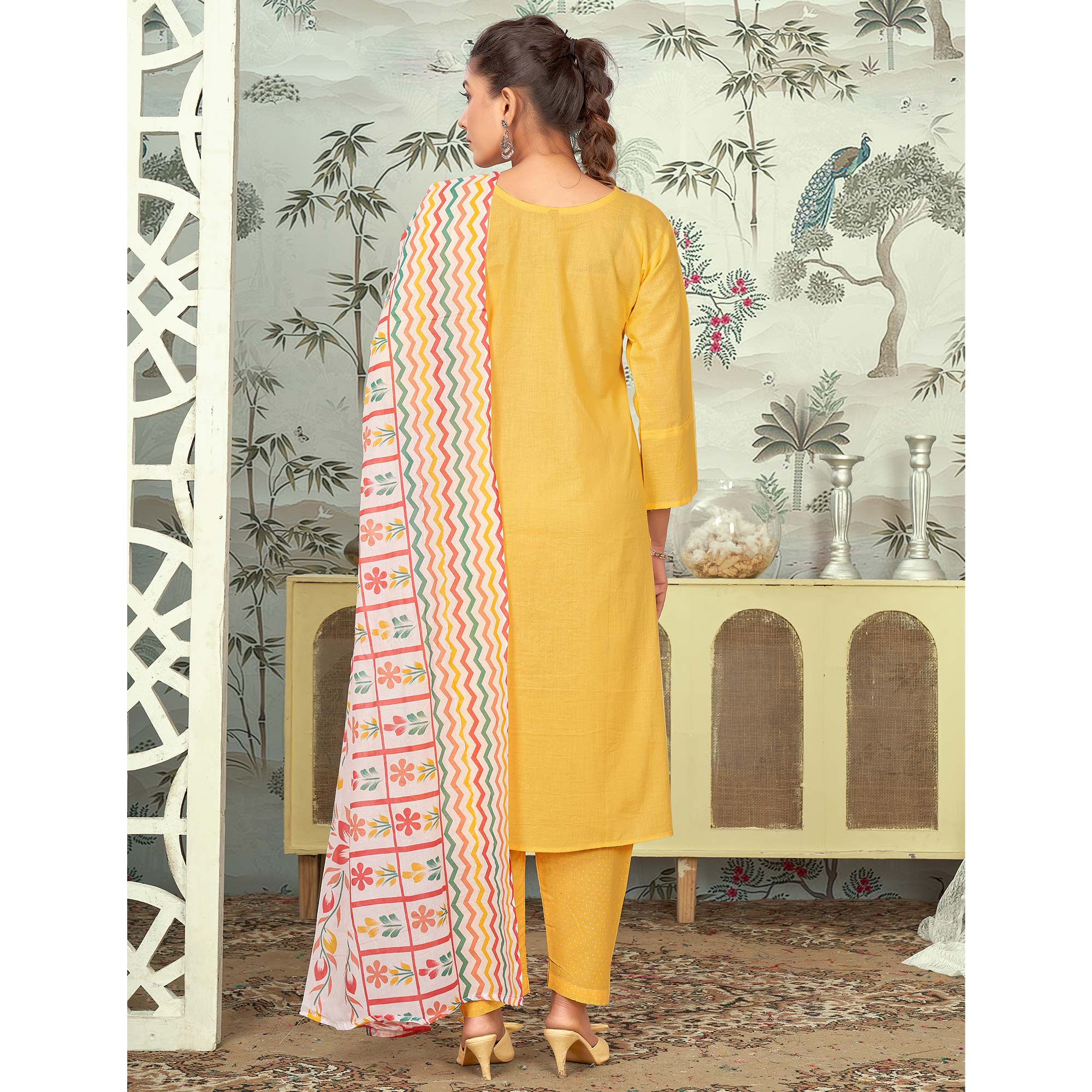 Mustard Floral Printed Pure Cotton Salwar Suit