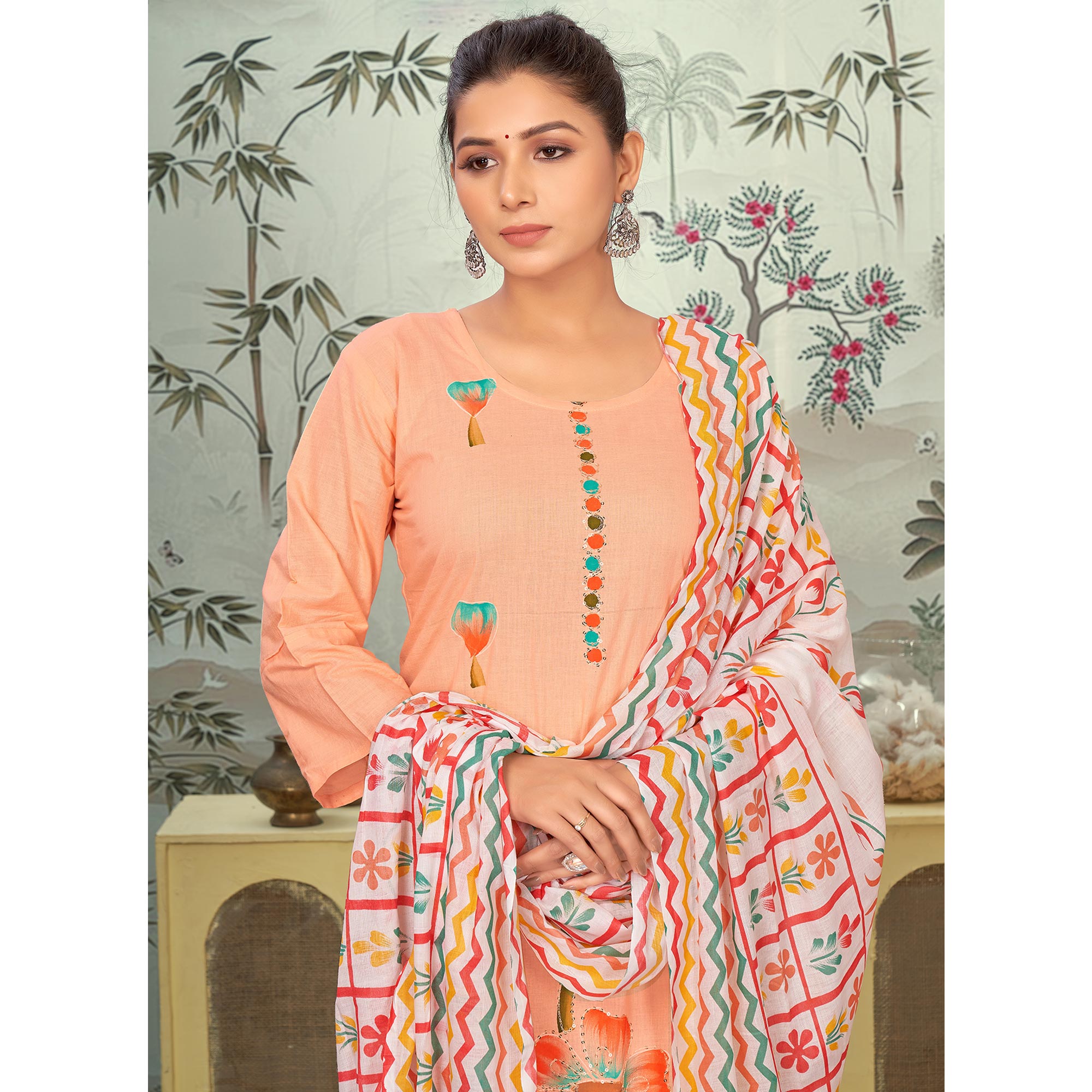 Peach Floral Printed Pure Cotton Salwar Suit