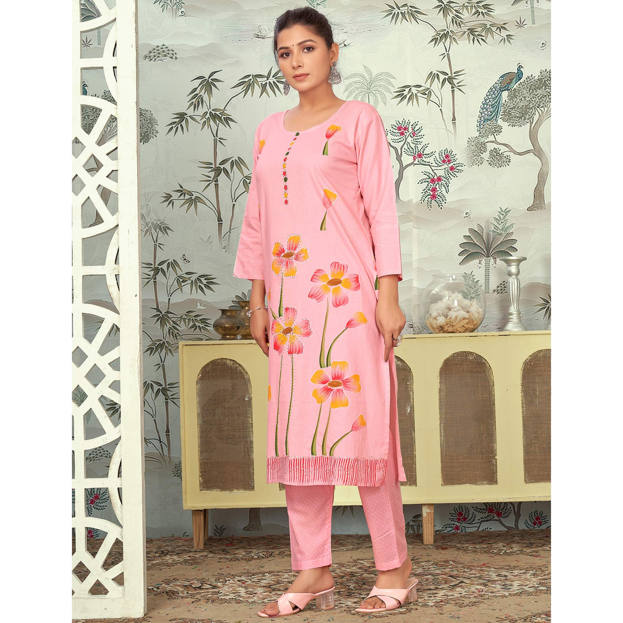 Pink Floral Printed Pure Cotton Salwar Suit