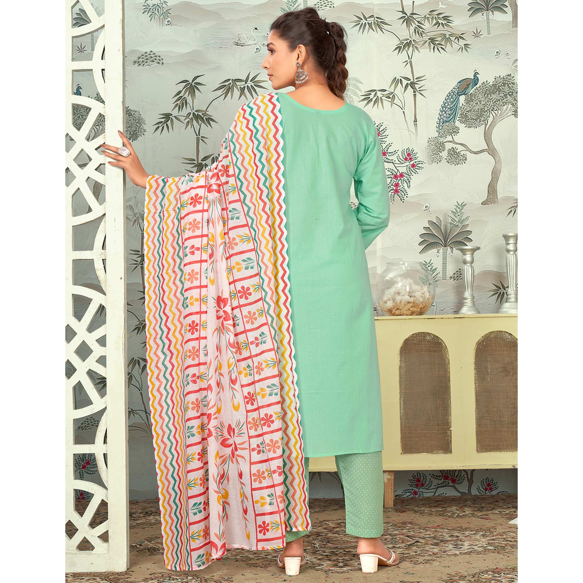 Sea Green Floral Printed Pure Cotton Salwar Suit