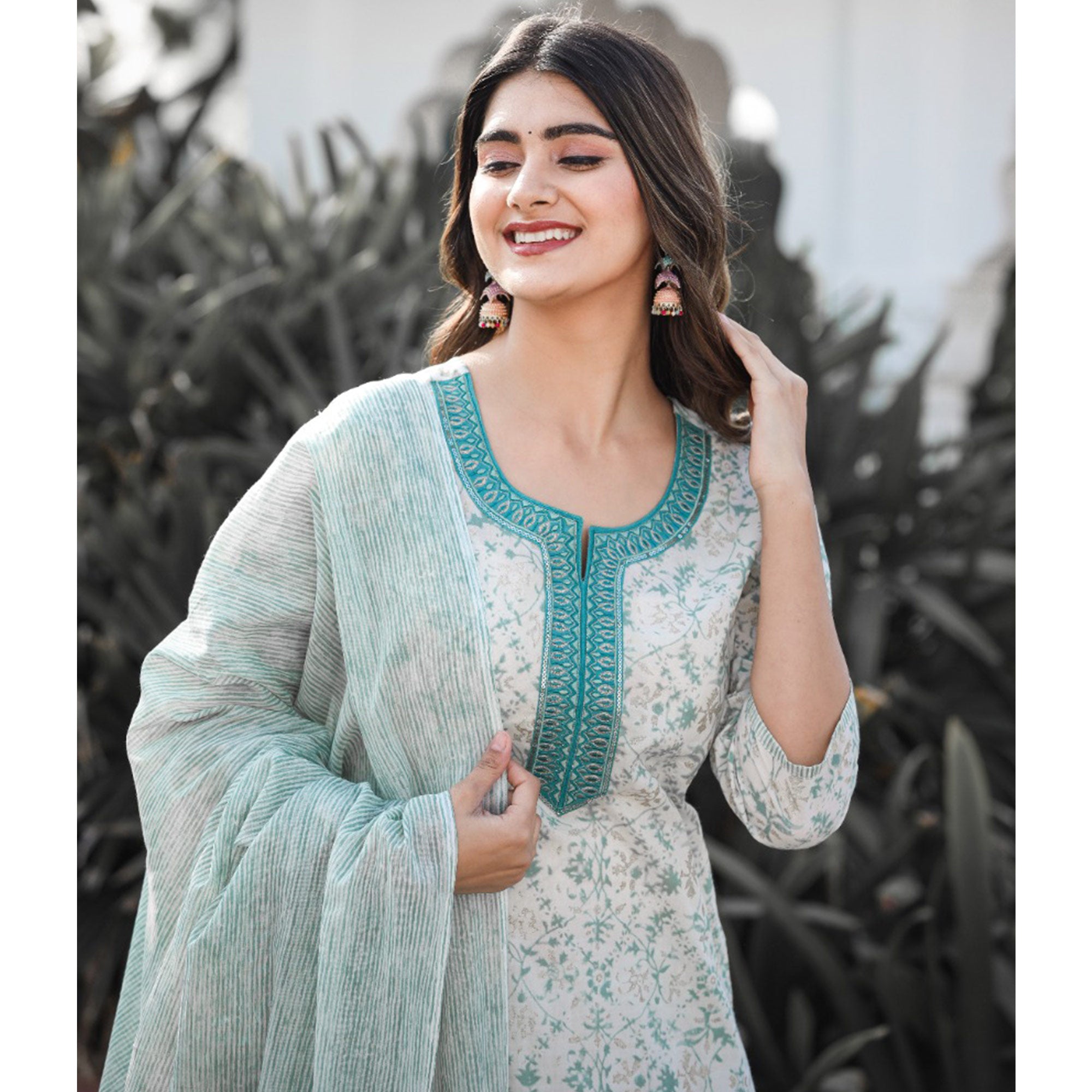 White And Green Jaipuri Printed Pure Cotton Suit