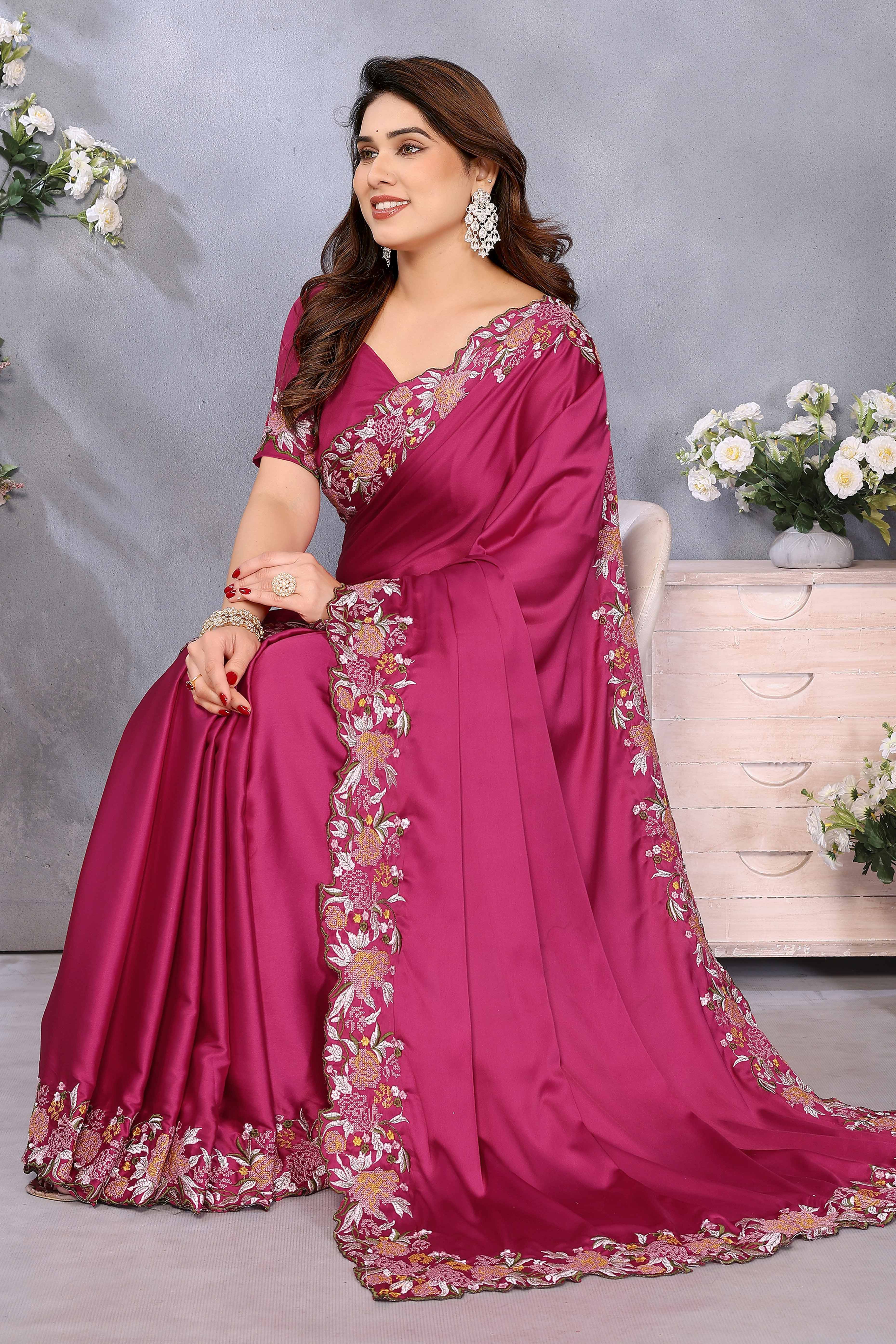 Rose Pink Satin Saree with Artistic Floral Embroidery and Soft Resham Detailing