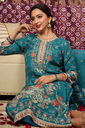 Beautiful Turquoise Floral Printed Straight Suit Designed in Lightweight Pure Muslin