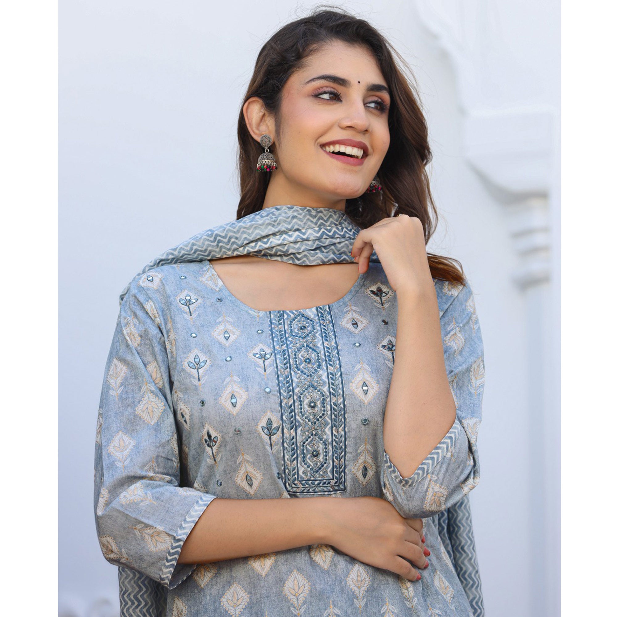 Grey Jaipuri Printed Pure Cotton Suit