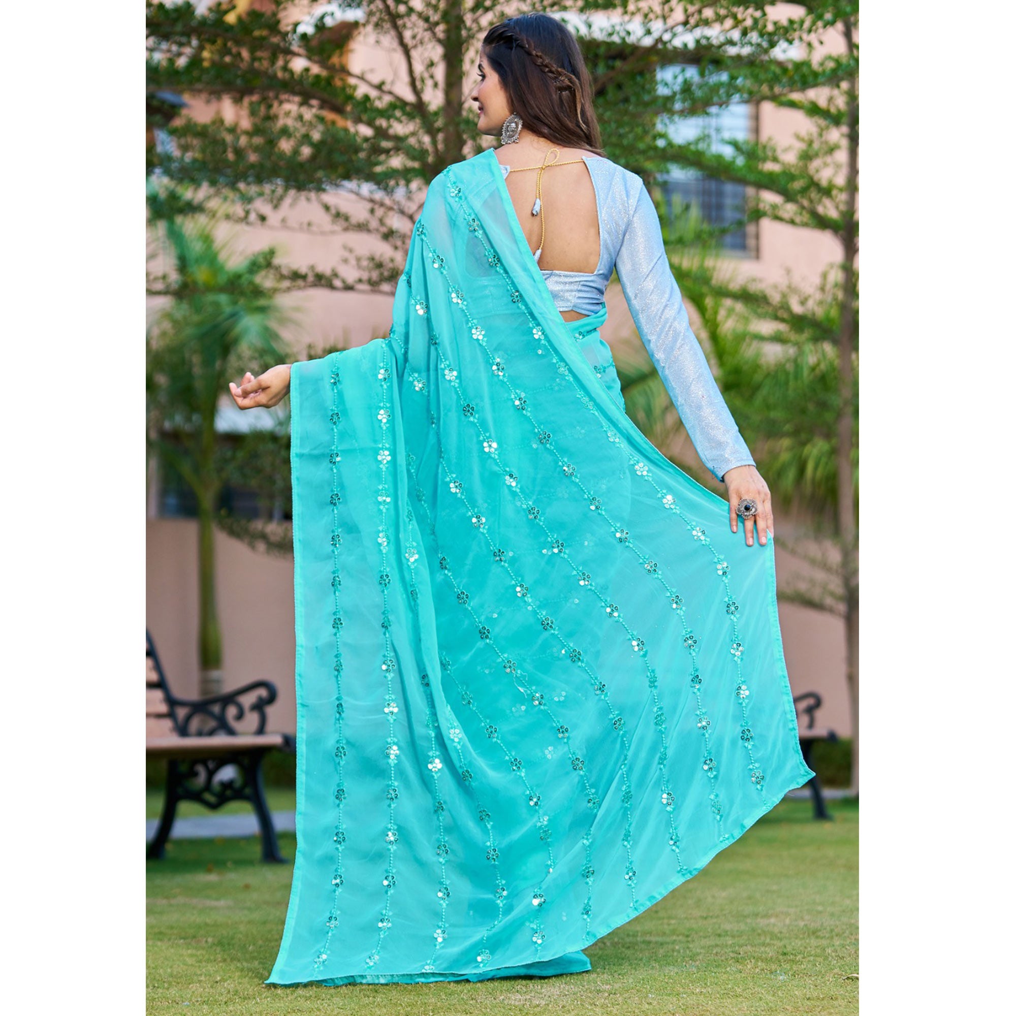 Blue Sequins Embroidered Georgette Saree