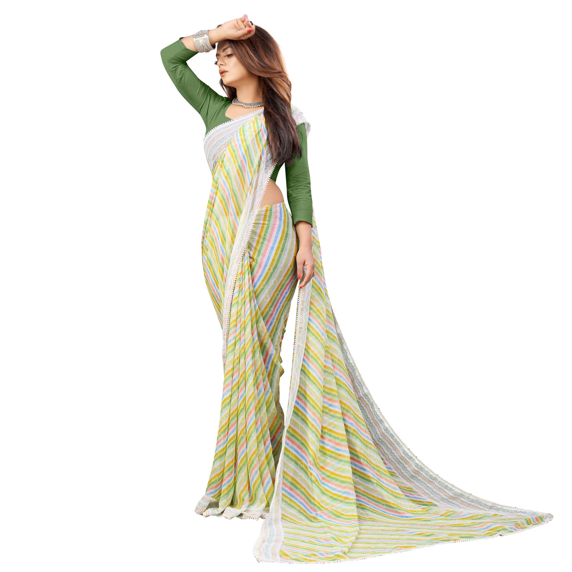 Green Striped Printed Georgette Saree