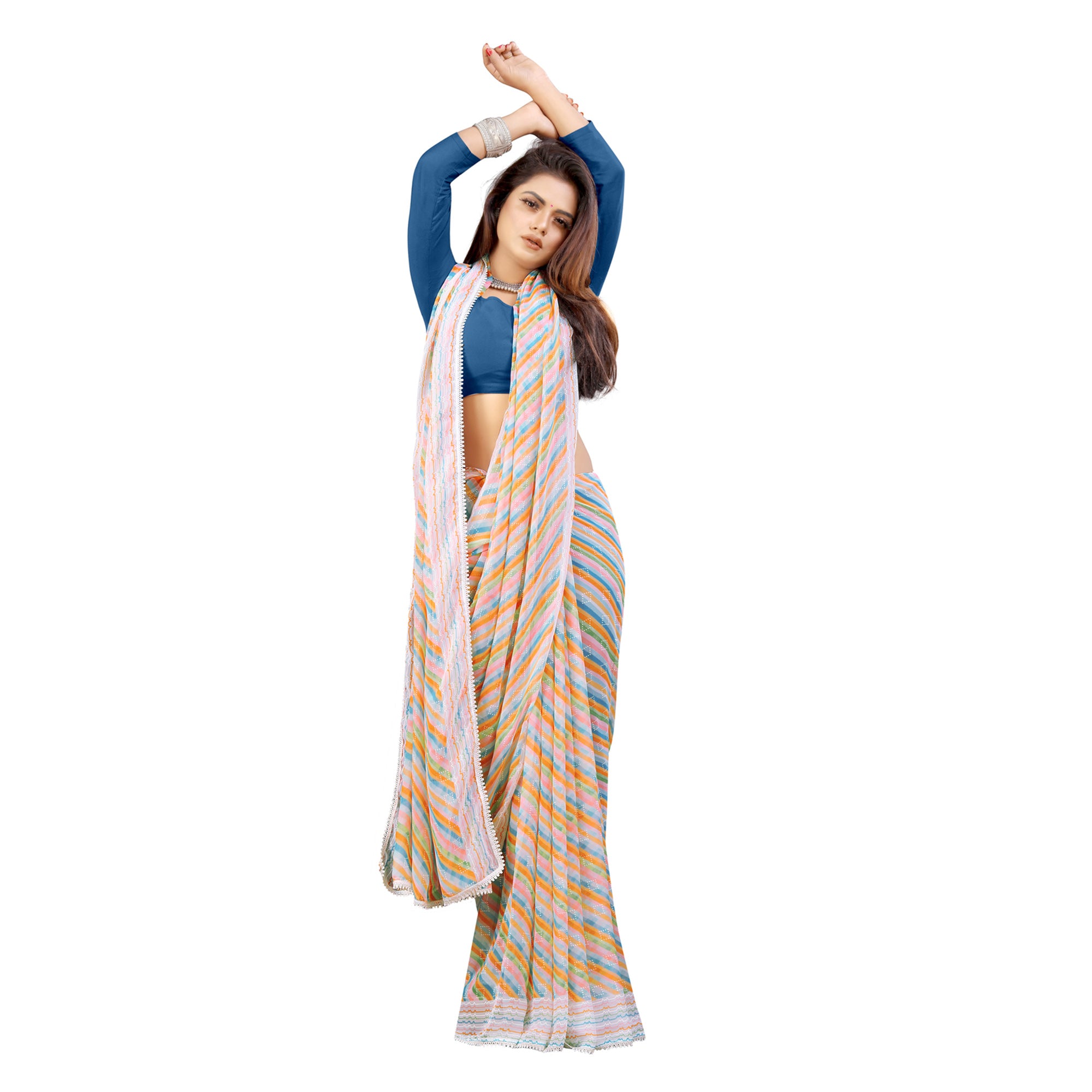 Grey Striped Printed Georgette Saree