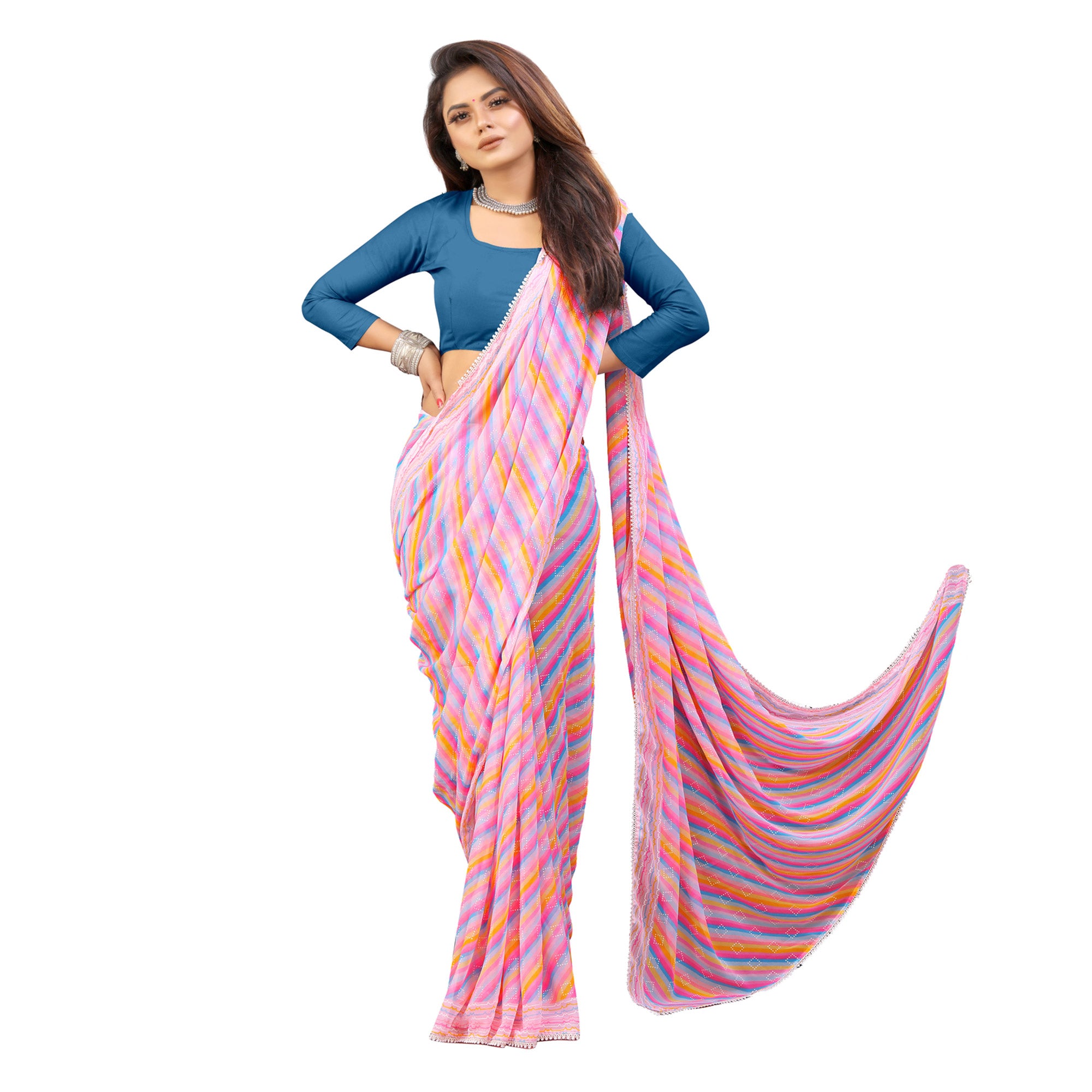 Pink Striped Printed Georgette Saree