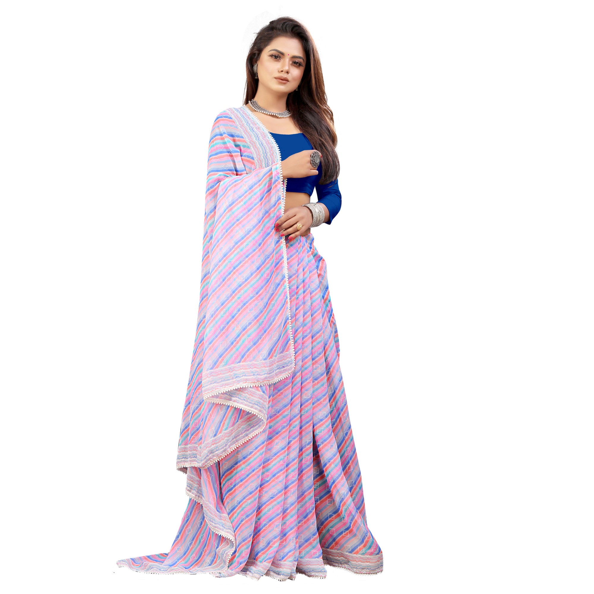 Purple Striped Printed Georgette Saree