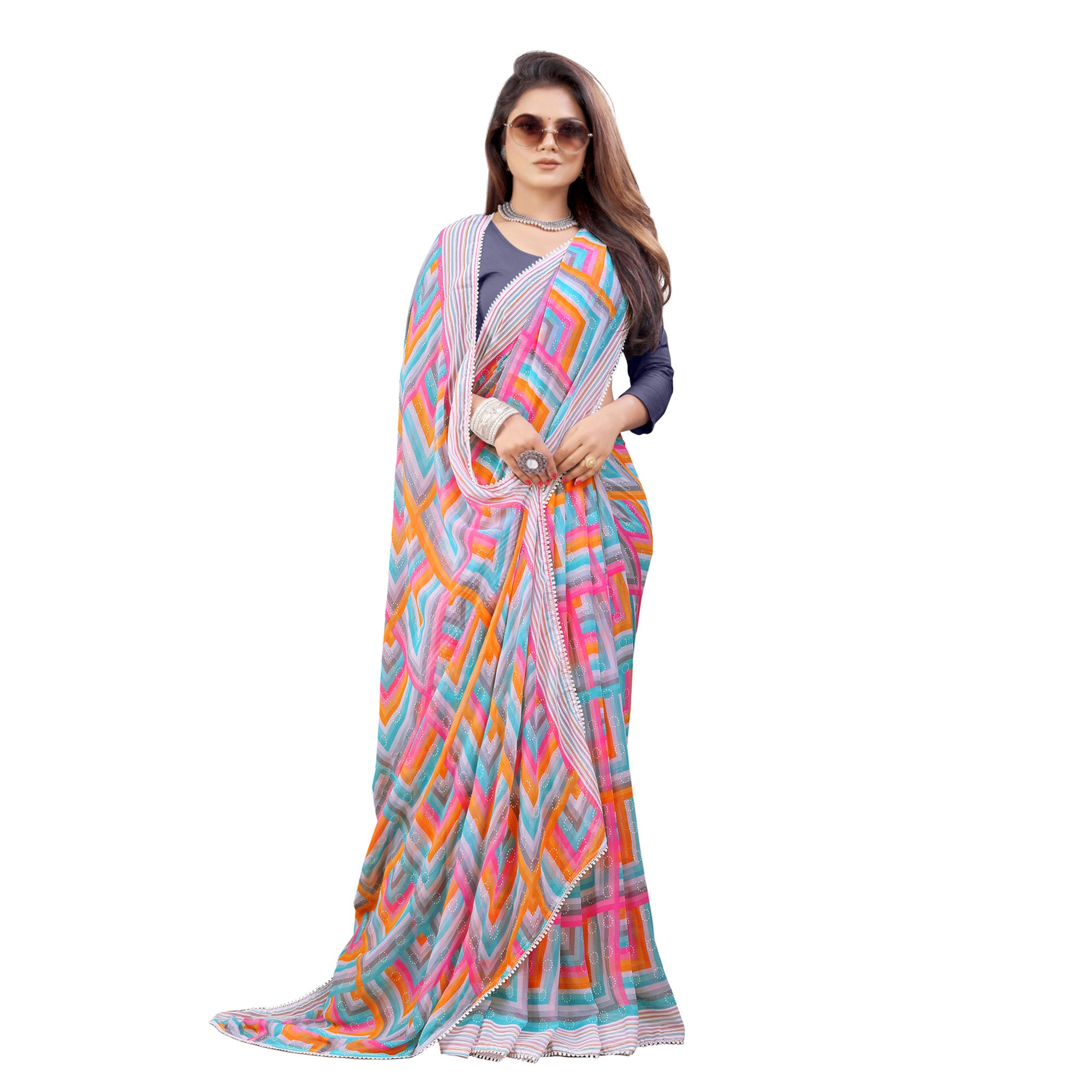 Blue & Grey Checked Printed Georgette Saree