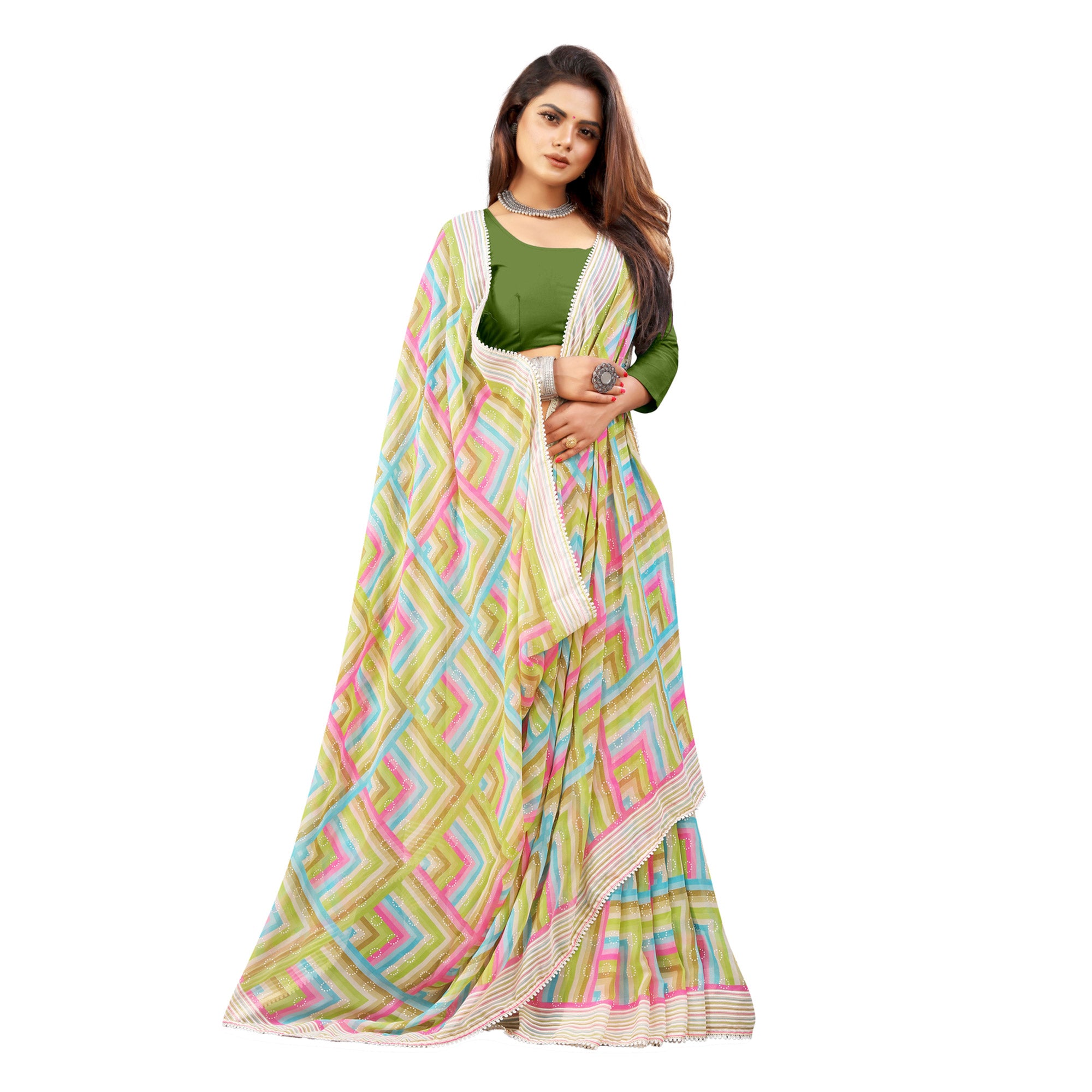 Light Green Checked Printed Georgette Saree