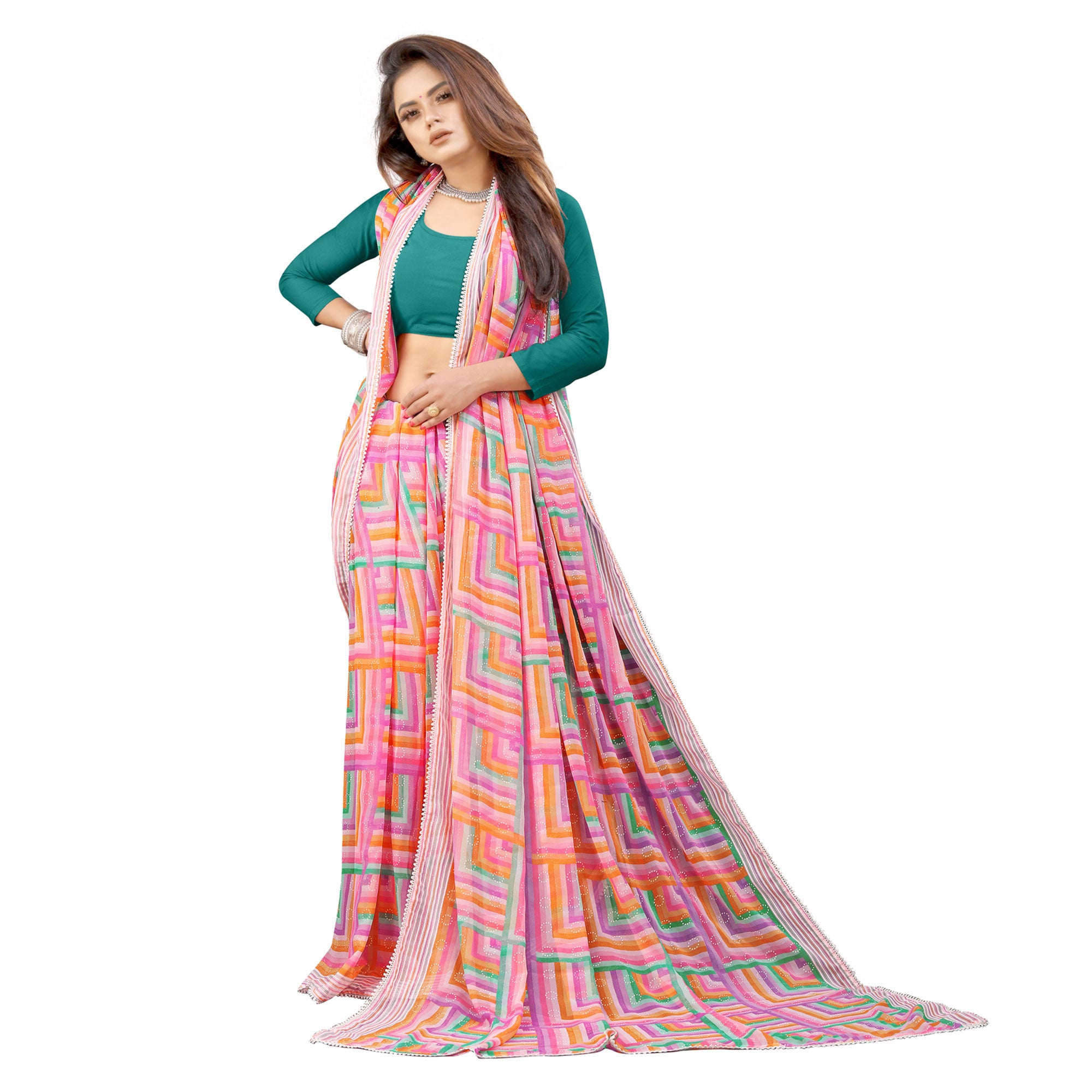 Pink Checked Printed Georgette Saree