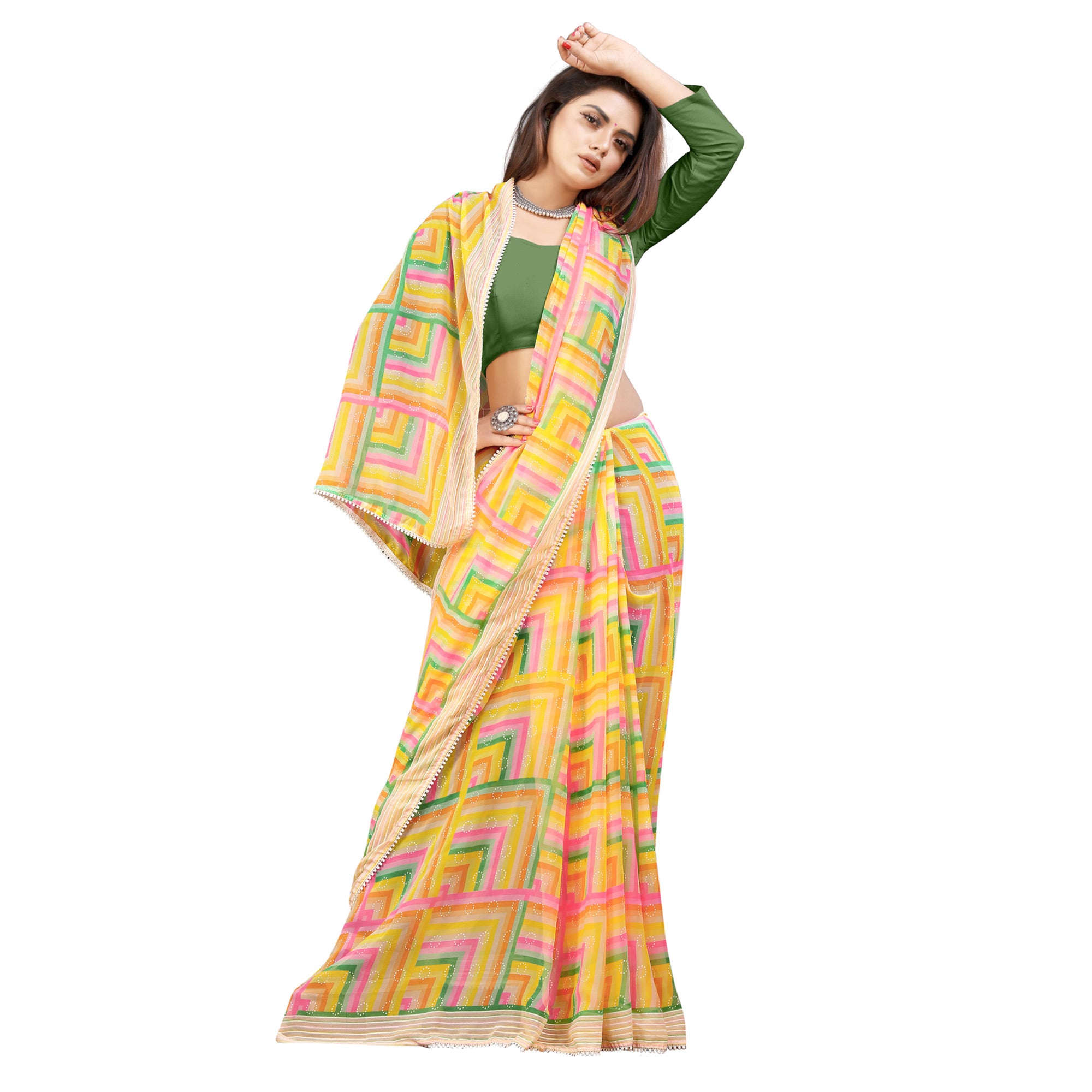 Yellow Checked Printed Georgette Saree