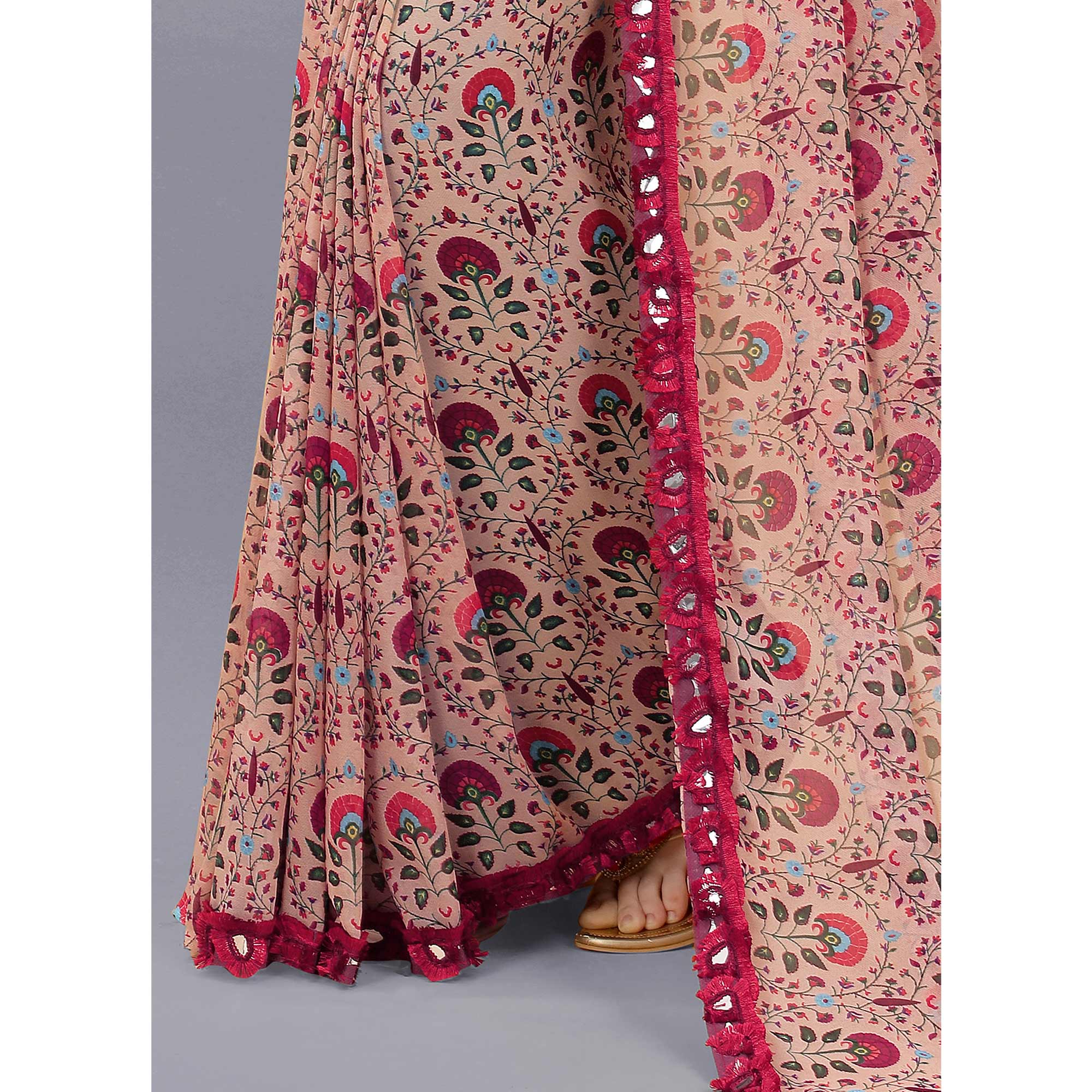 Beige Floral Printed Georgette Saree