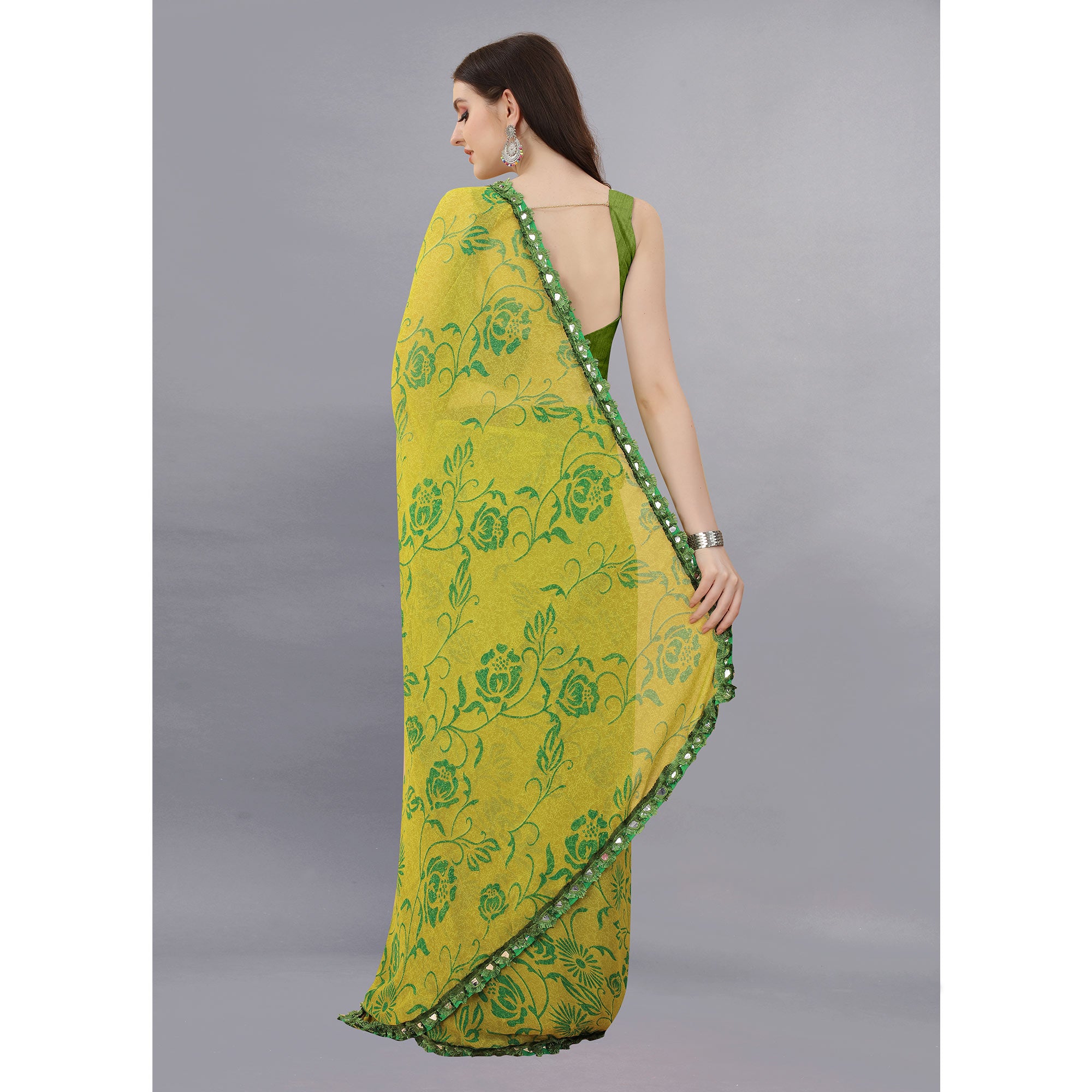 Lemon Green Floral Printed Georgette Saree