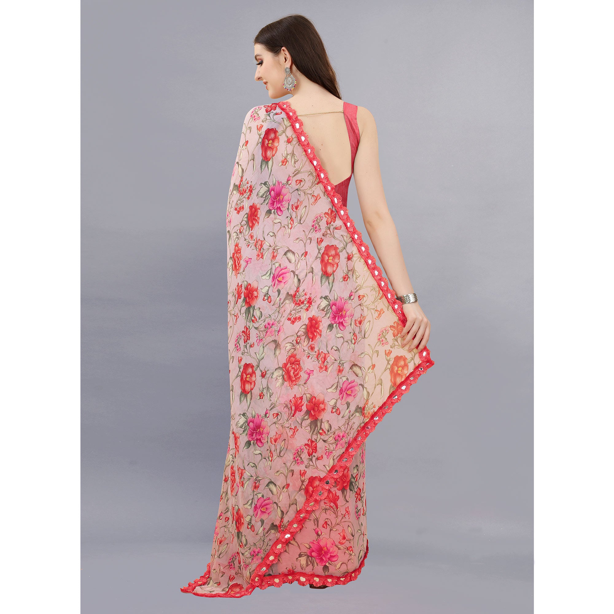 Peach Floral Printed Georgette Saree