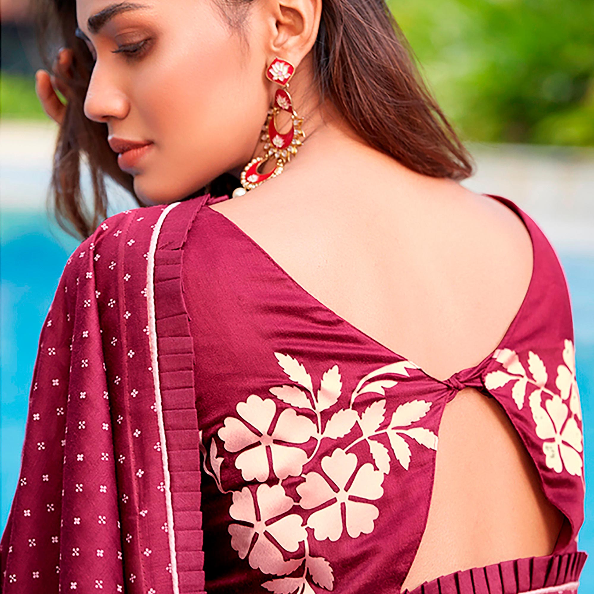 Maroon Printed With Pleated Border Cotton Silk Saree