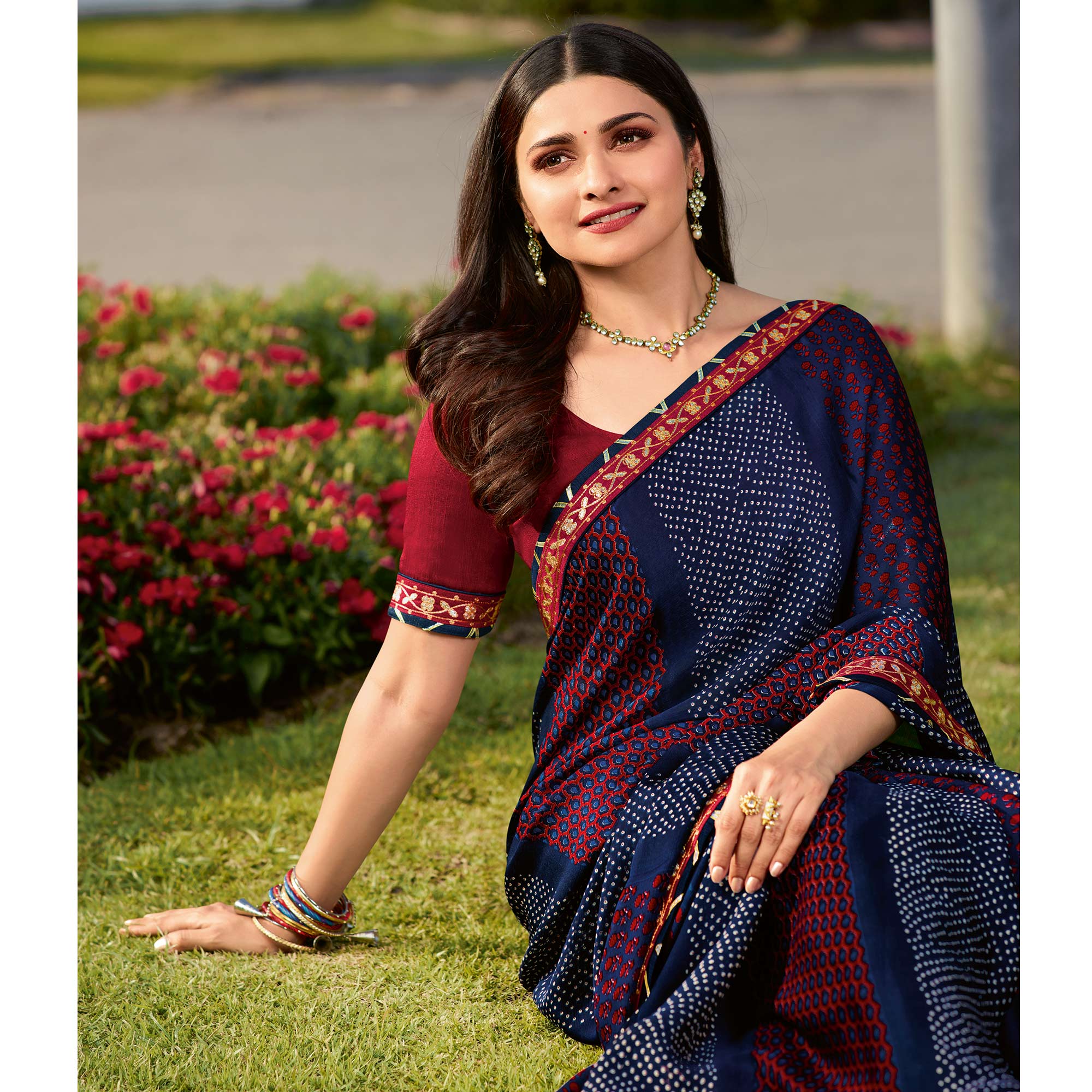 Blue Bandhani Printed Chiffon Saree