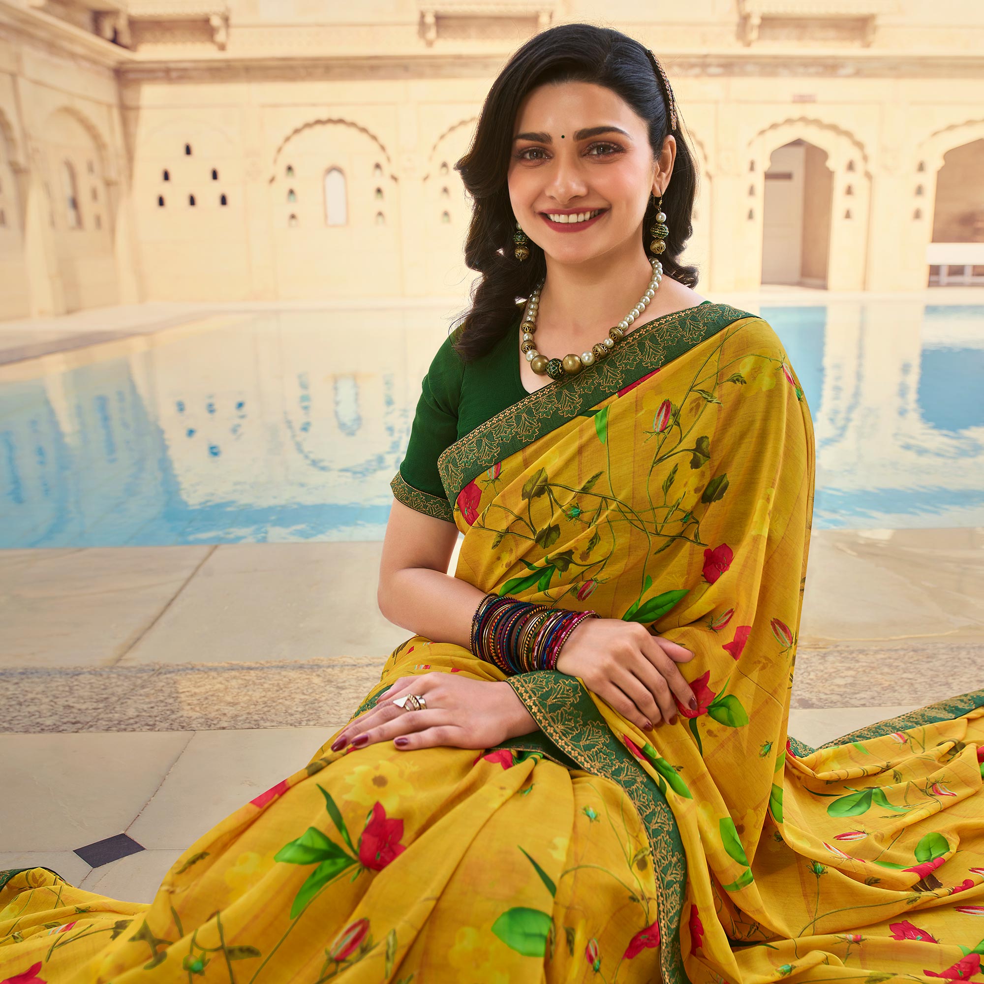 Yellow Floral Printed Georgette Saree