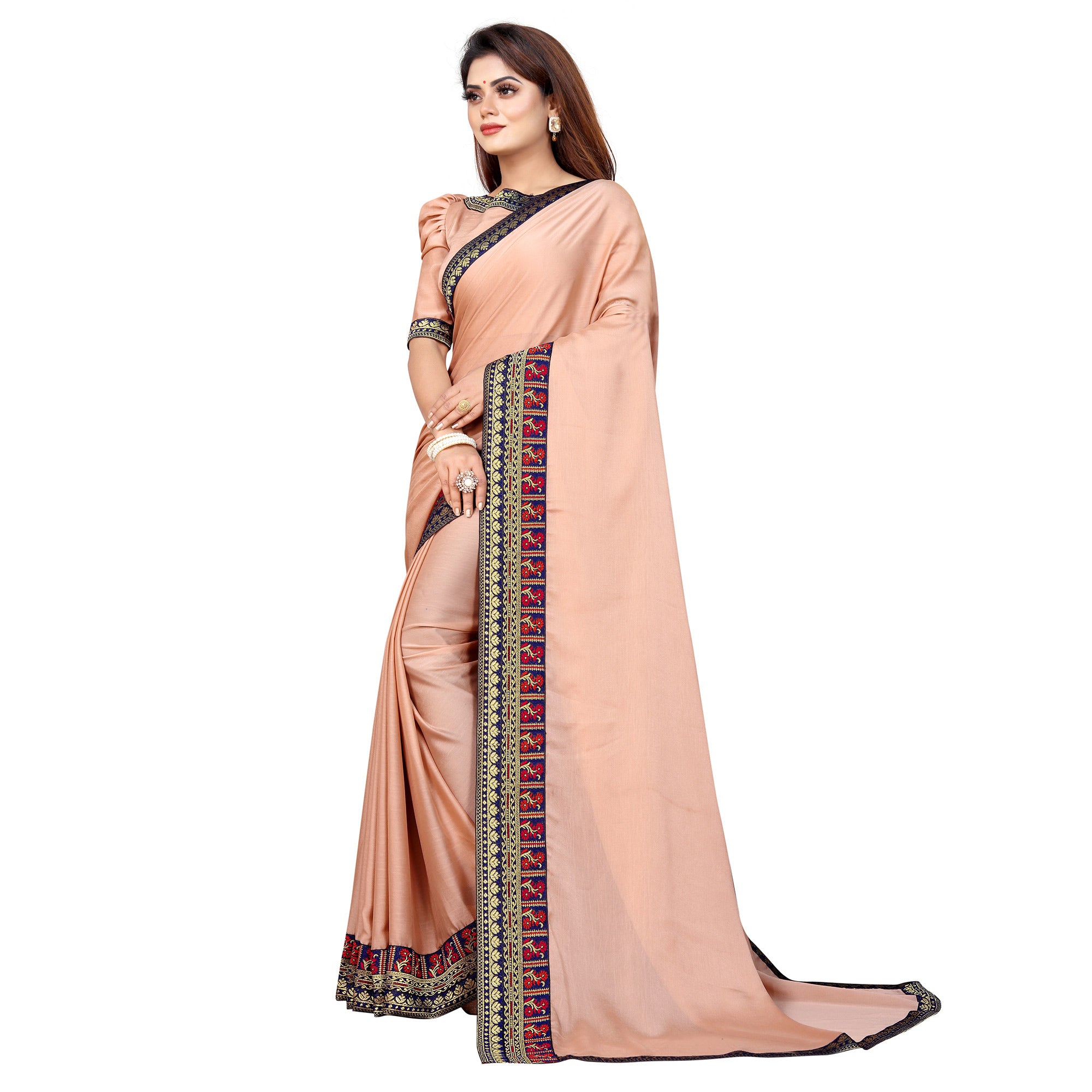 Beige Solid With Woven Border Vichitra Silk Saree