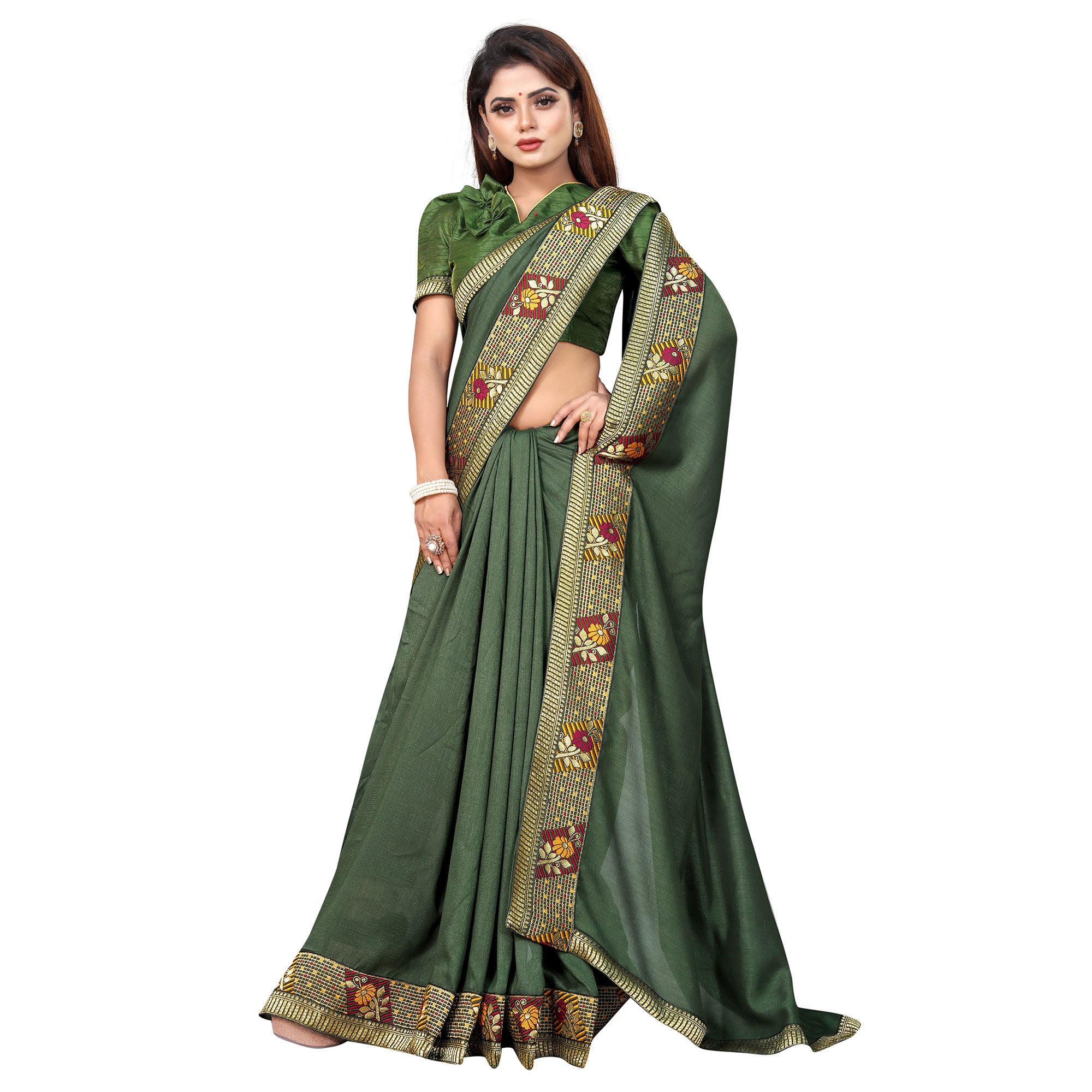 Mehandi Green Solid With Woven Border Vichitra Silk Saree