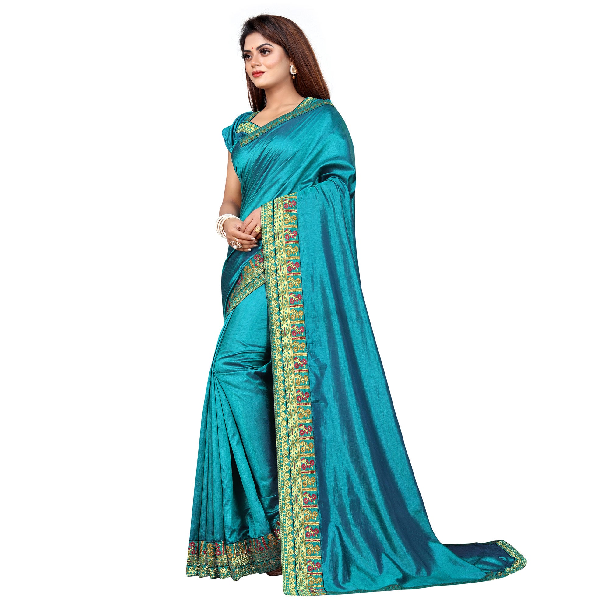 Turquoise Solid With Woven Border Vichitra Silk Saree