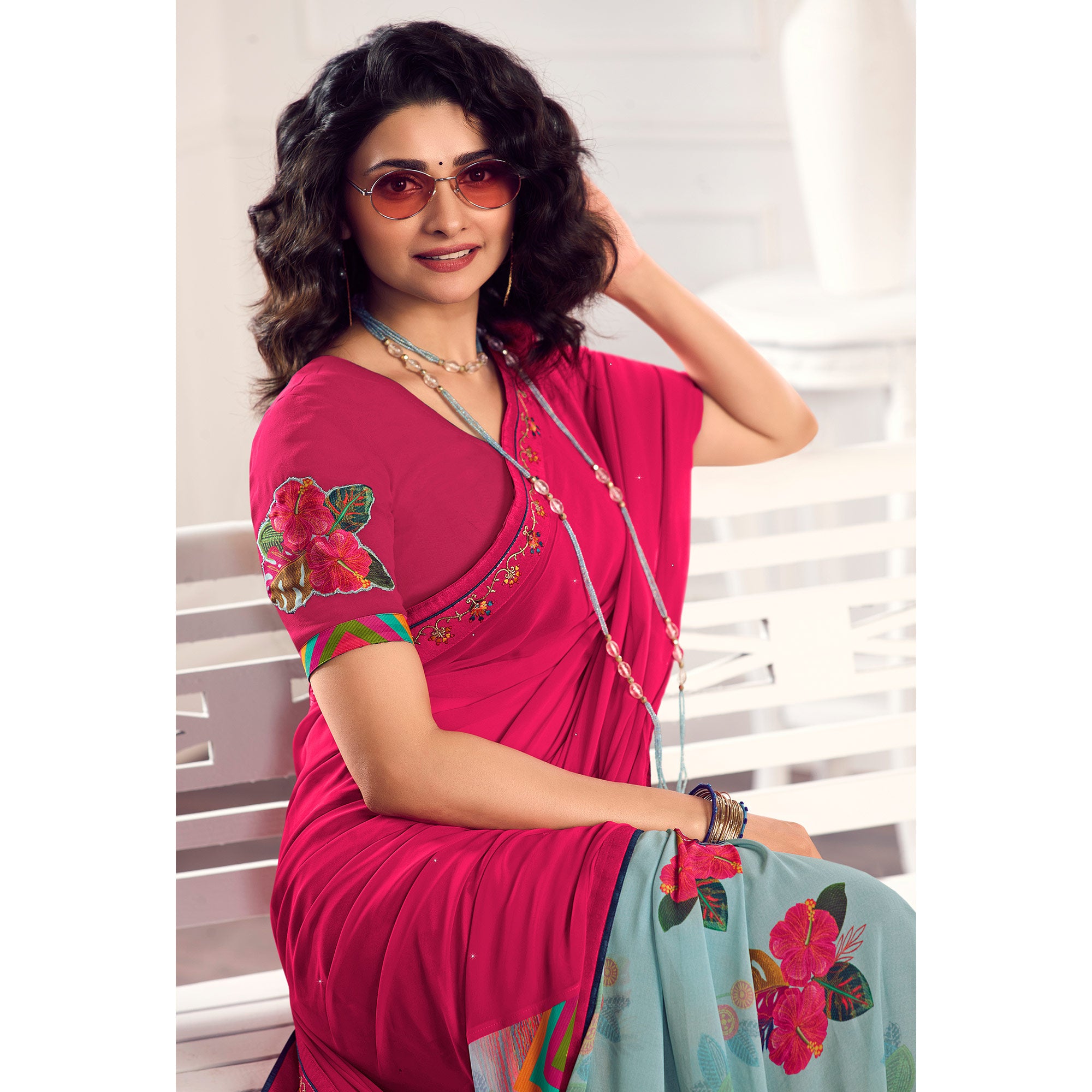 Pink Floral Printed Georgette Saree