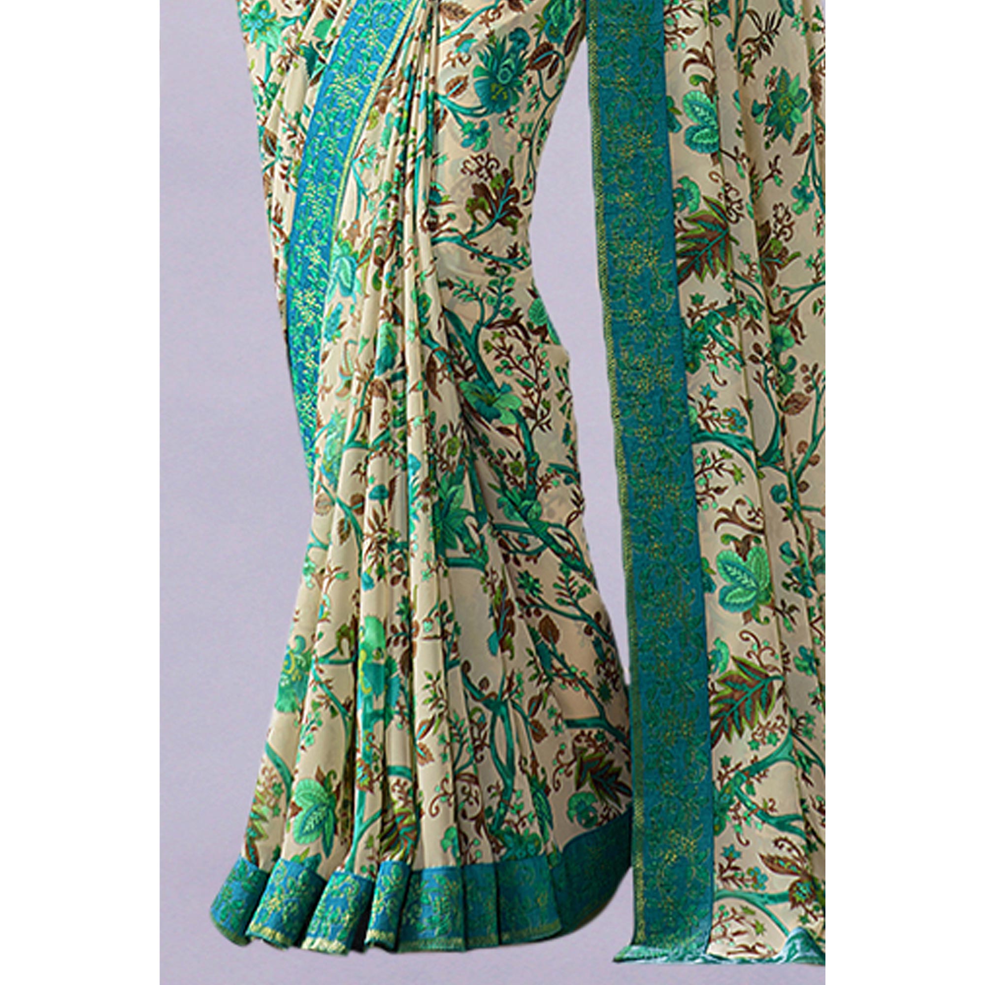 Beige Floral Printed Georgette Saree