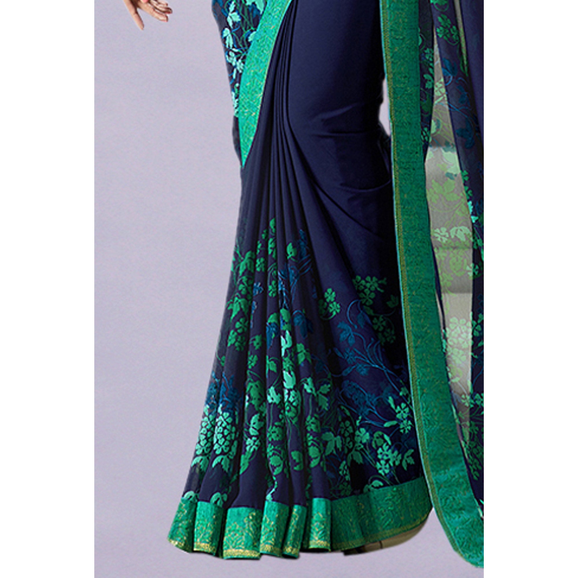 Navy Blue Floral Printed Georgette Saree