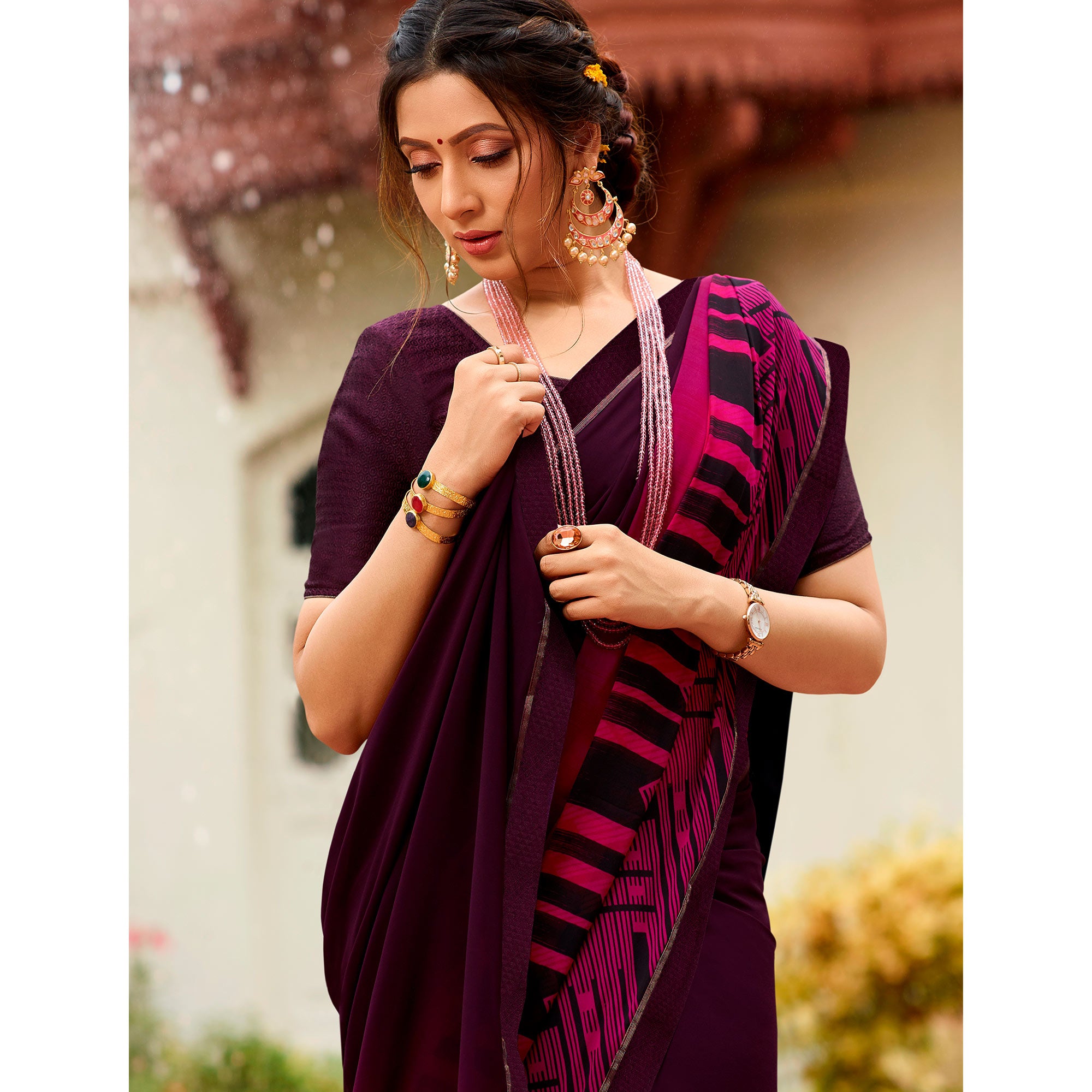 Purple Printed Georgette Saree