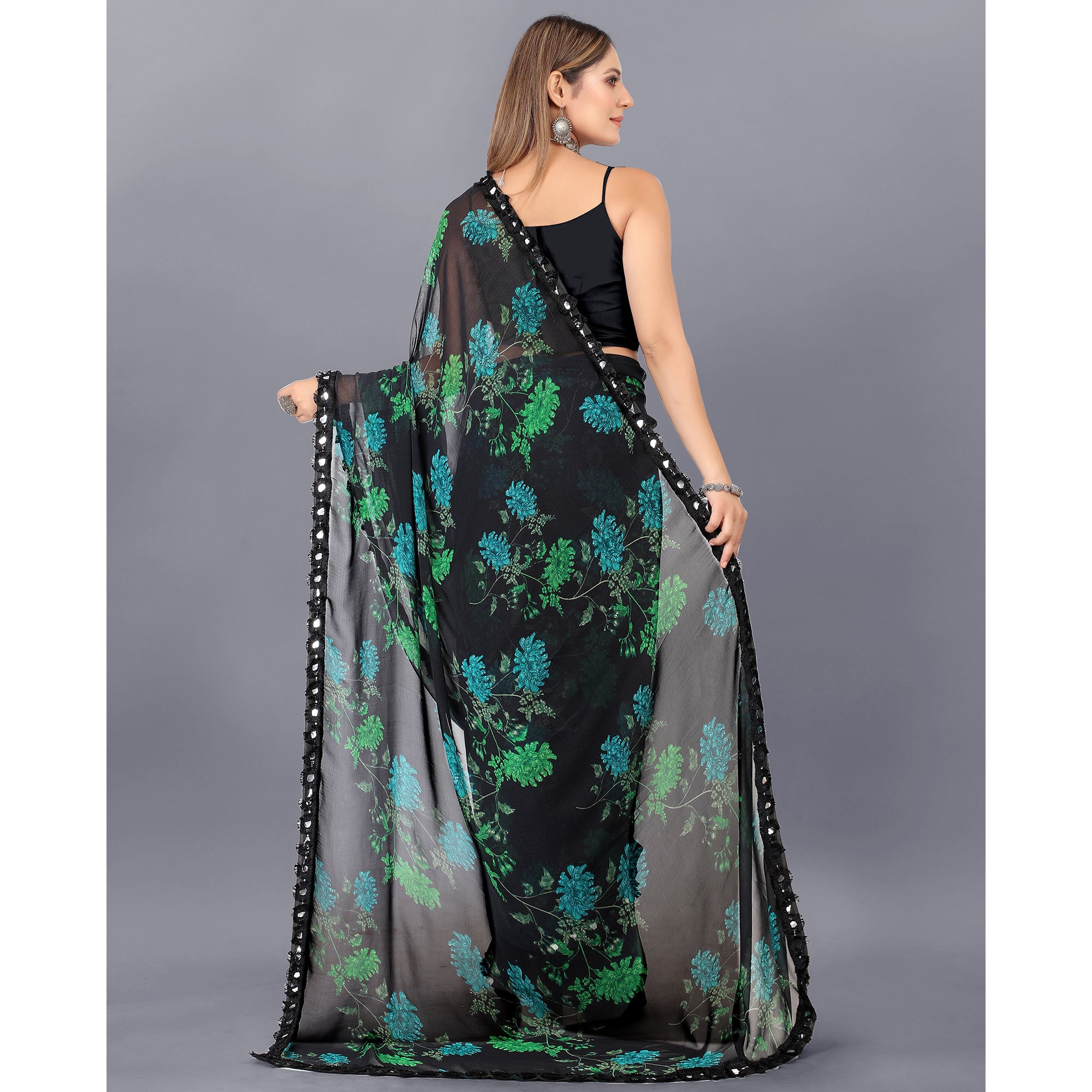 Black Floral Printed Georgette Saree With Lace Border