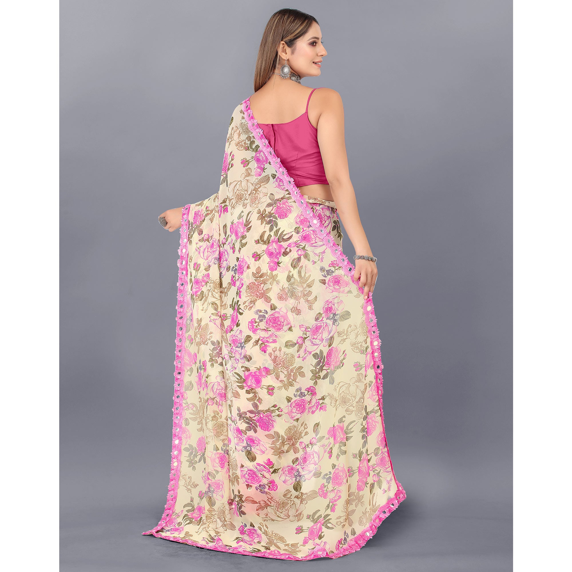 Cream Floral Printed Georgette Saree With Lace Border