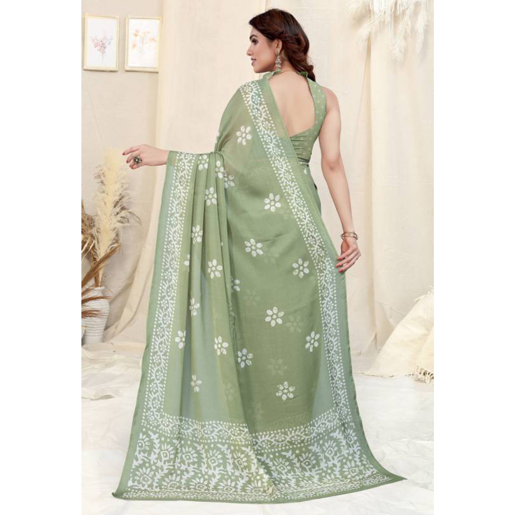 Green Floral Printed Chiffon Saree