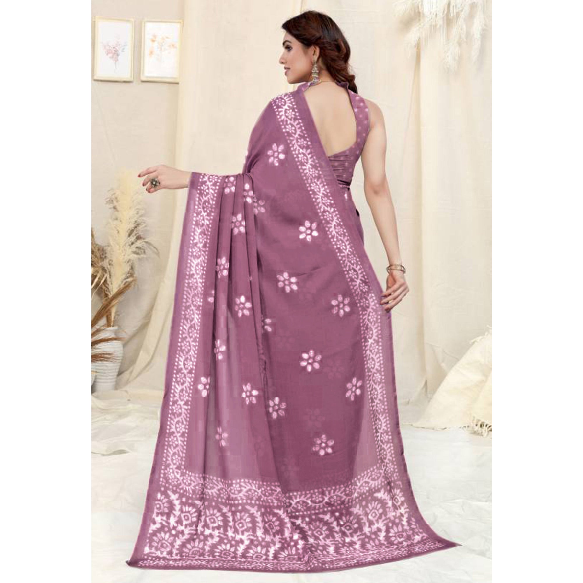 Mauve Floral Printed Chiffon Saree