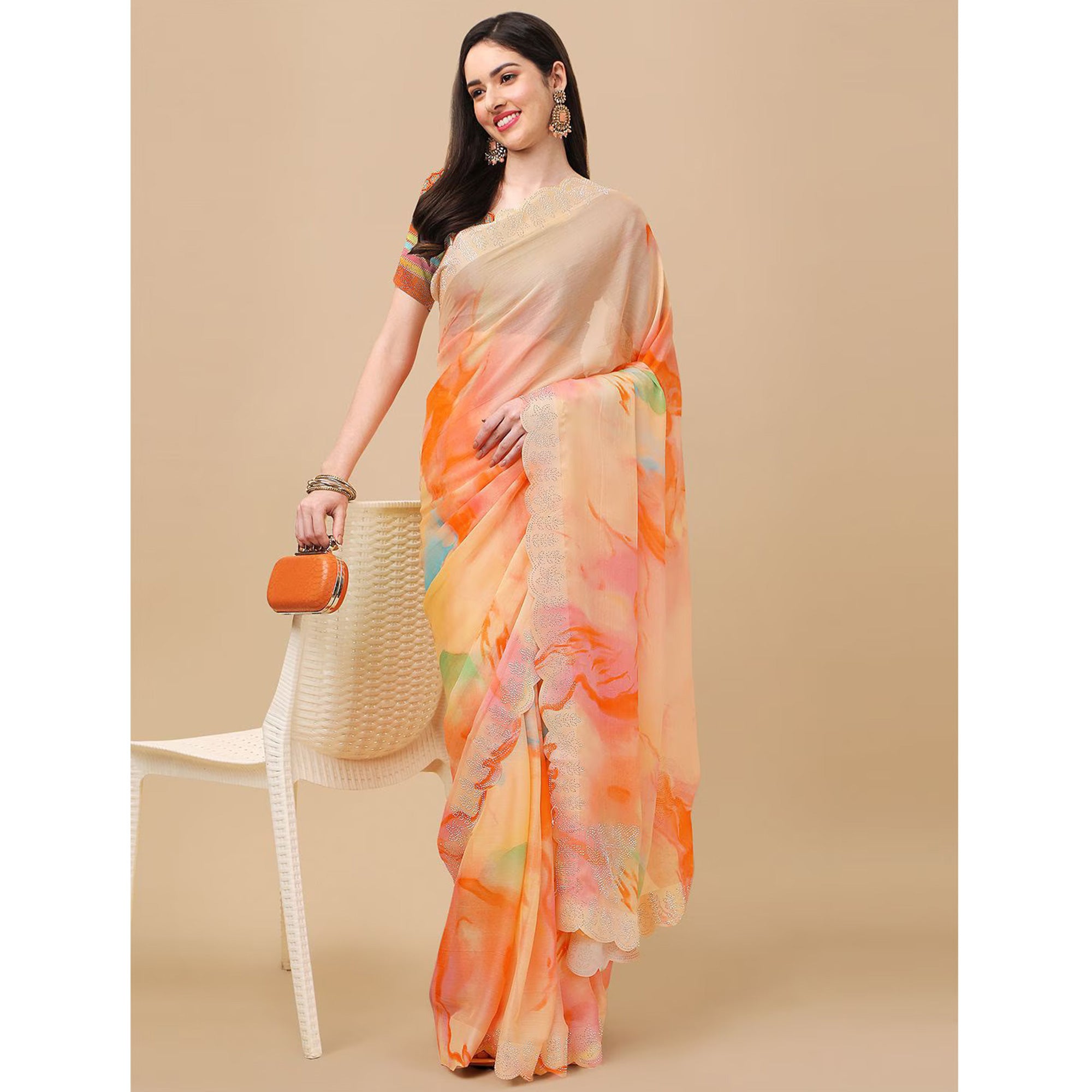 Orange Printed With Swarovski Work Chiffon Saree