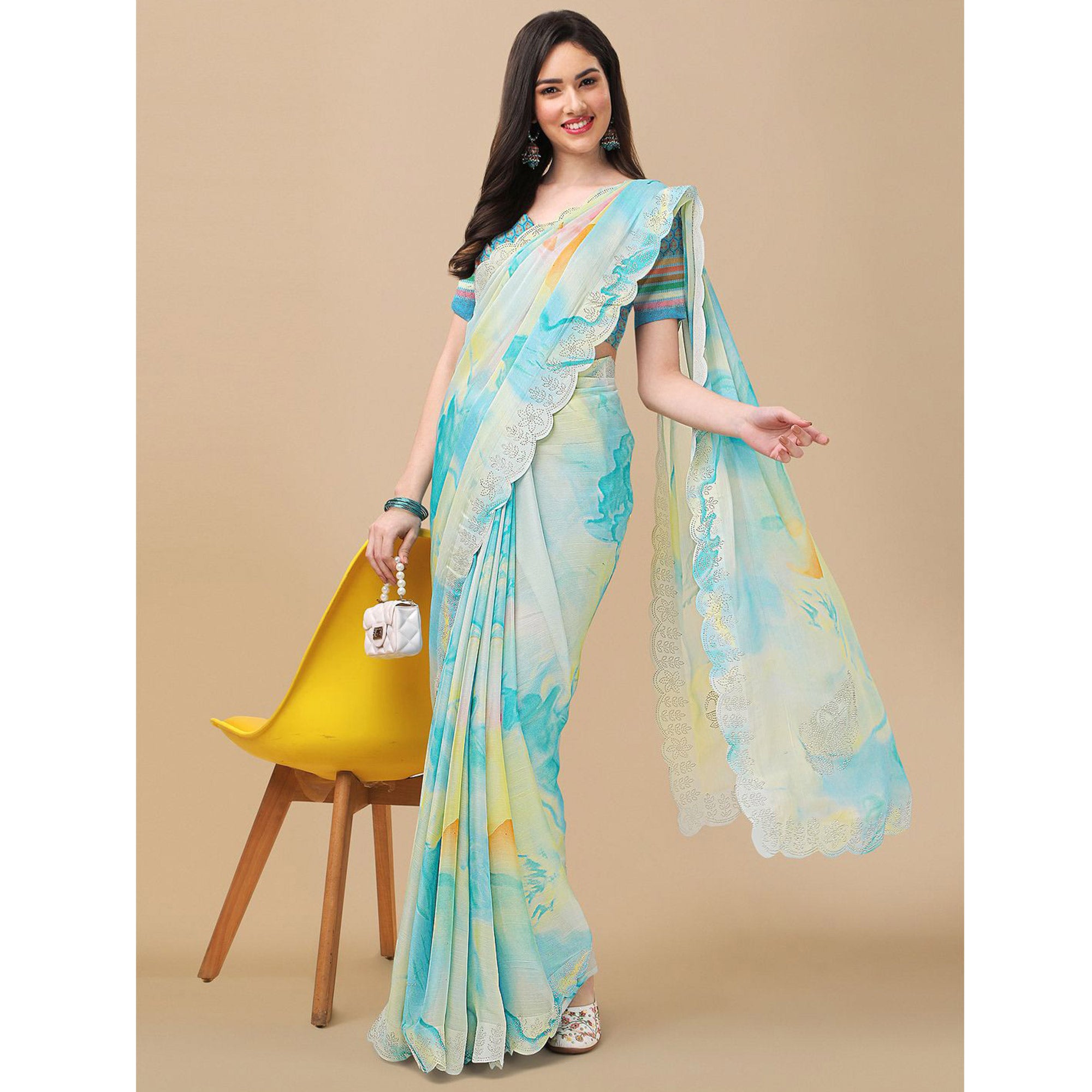 Sky Blue Printed With Swarovski Work Chiffon Saree