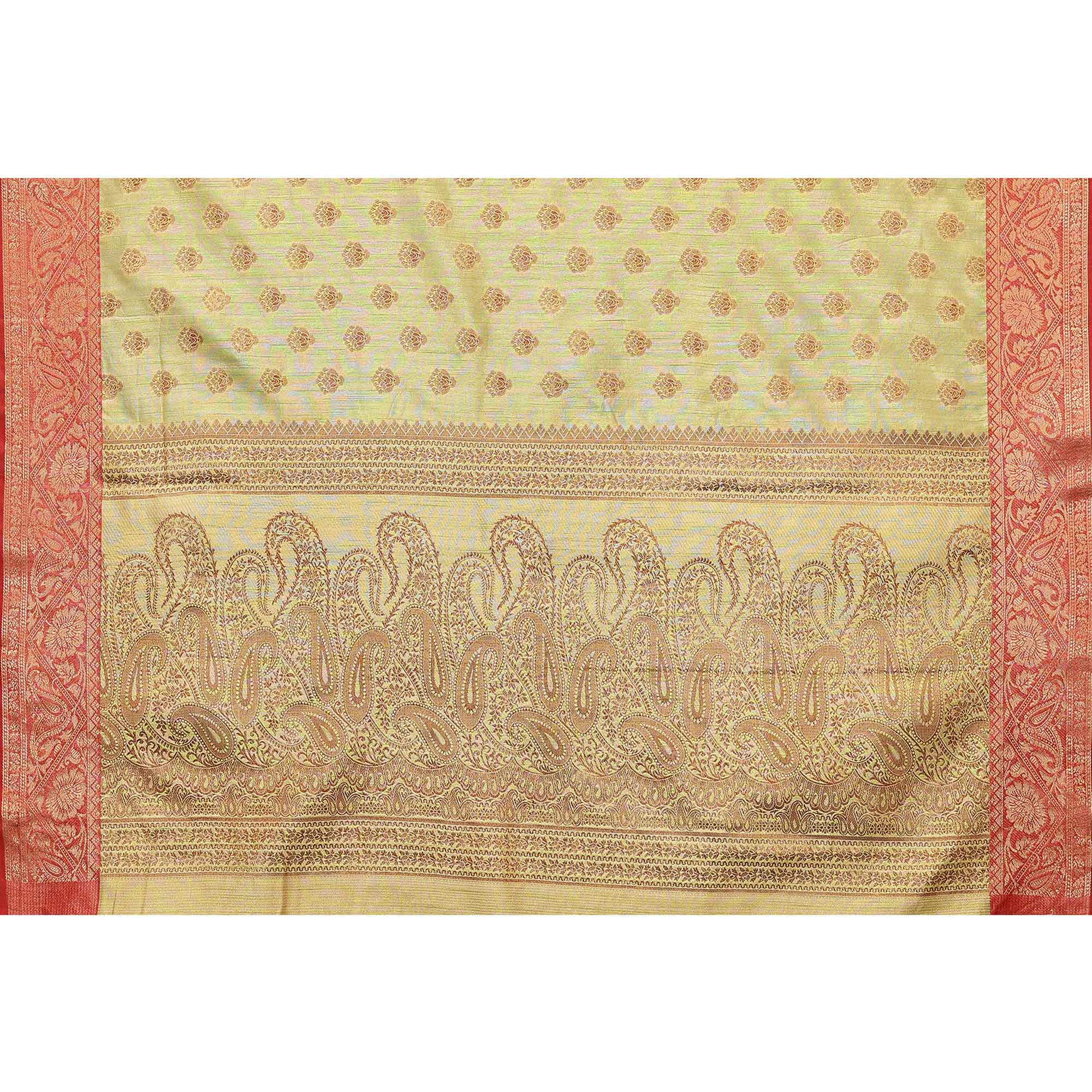 Lemon Green Floral Woven Banarasi Silk Saree