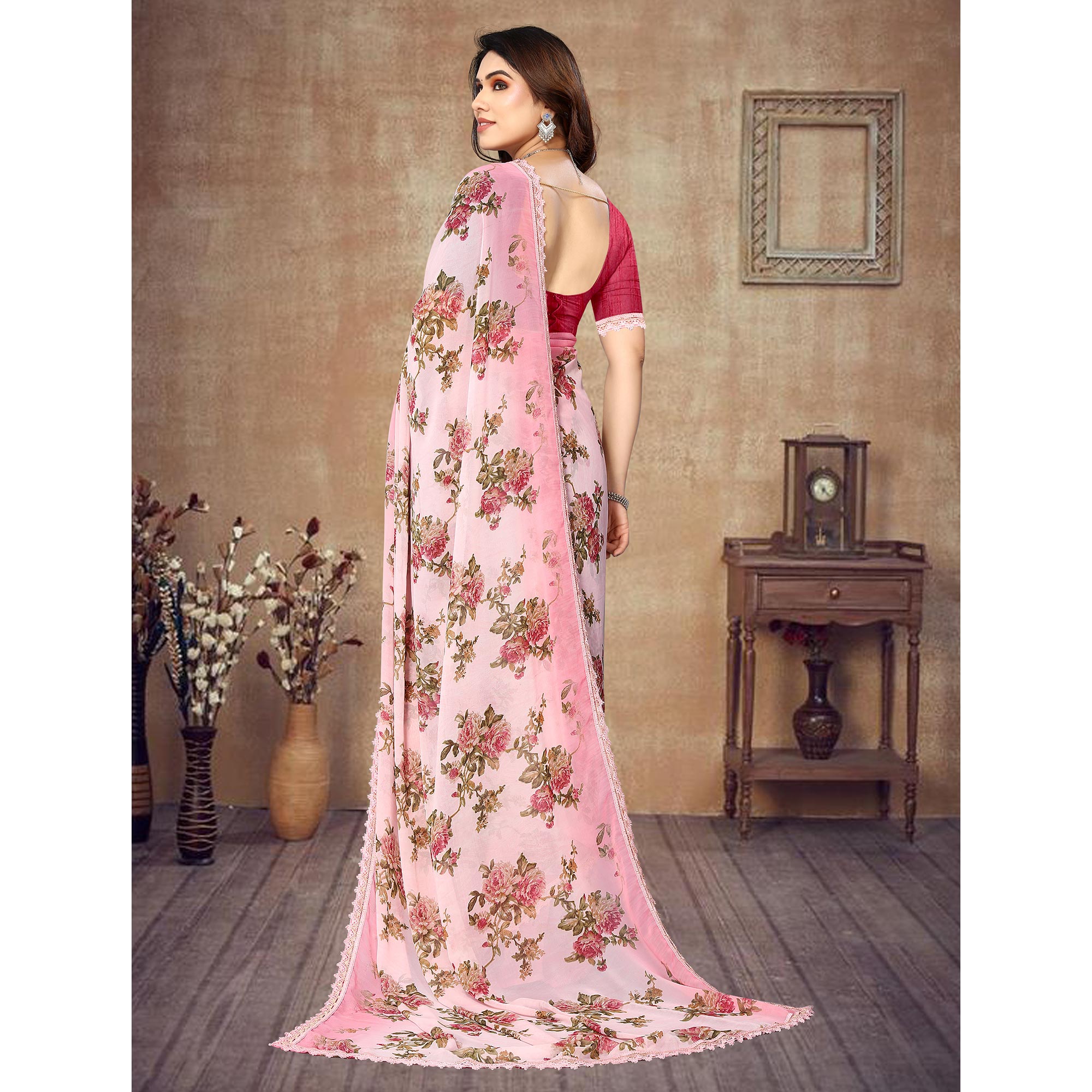 Light Pink Floral Printed Georgette Saree With Lace Border