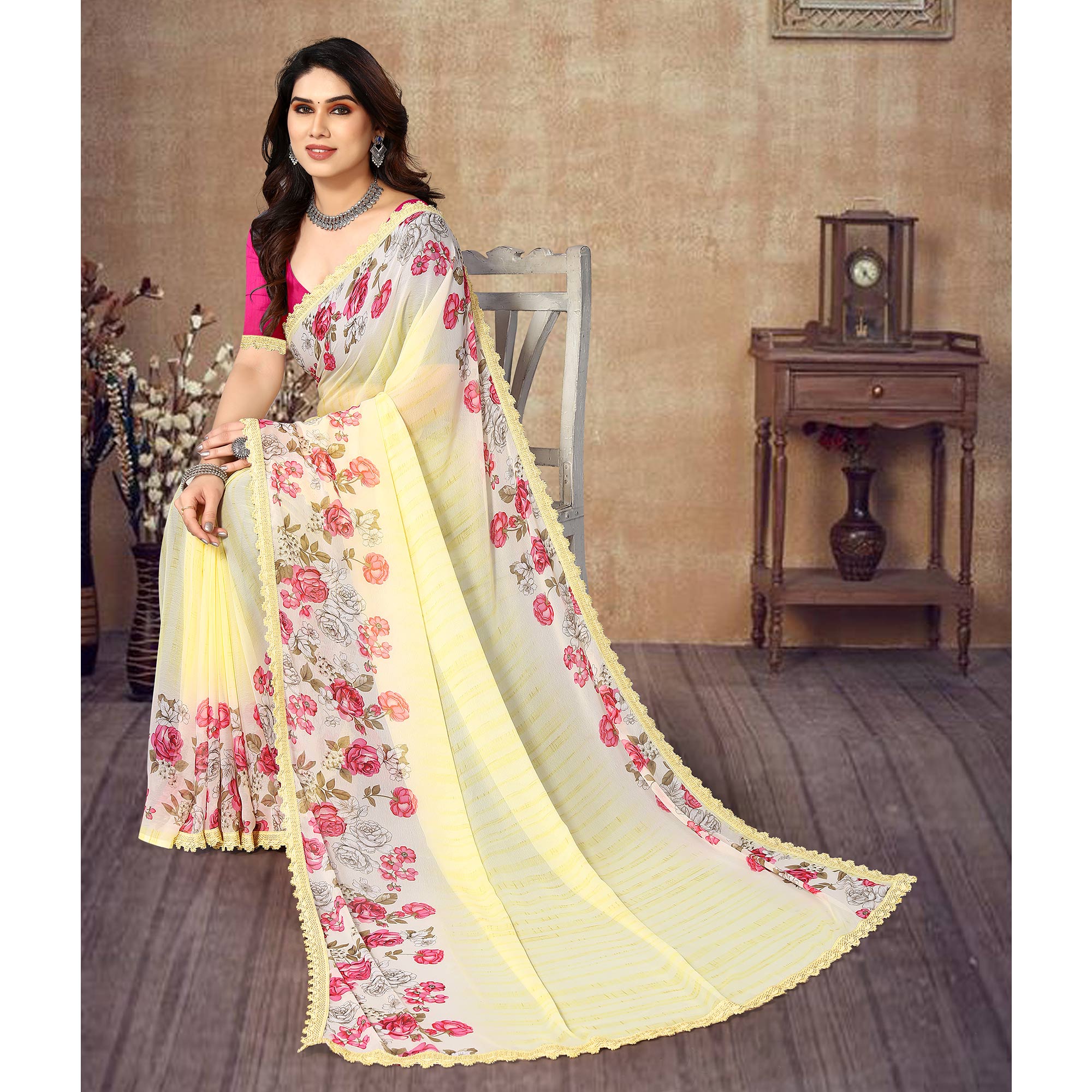 Asheera Yellow Floral Lace Work Pre Stitched 1 min Saree