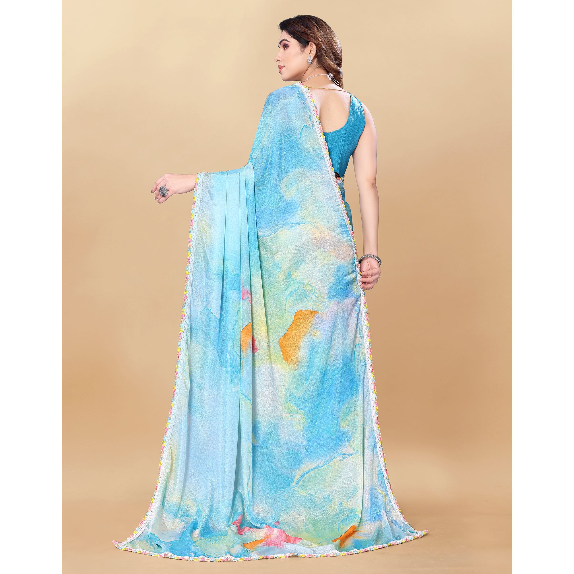 Blue Printed Chiinon Saree With Lace Border