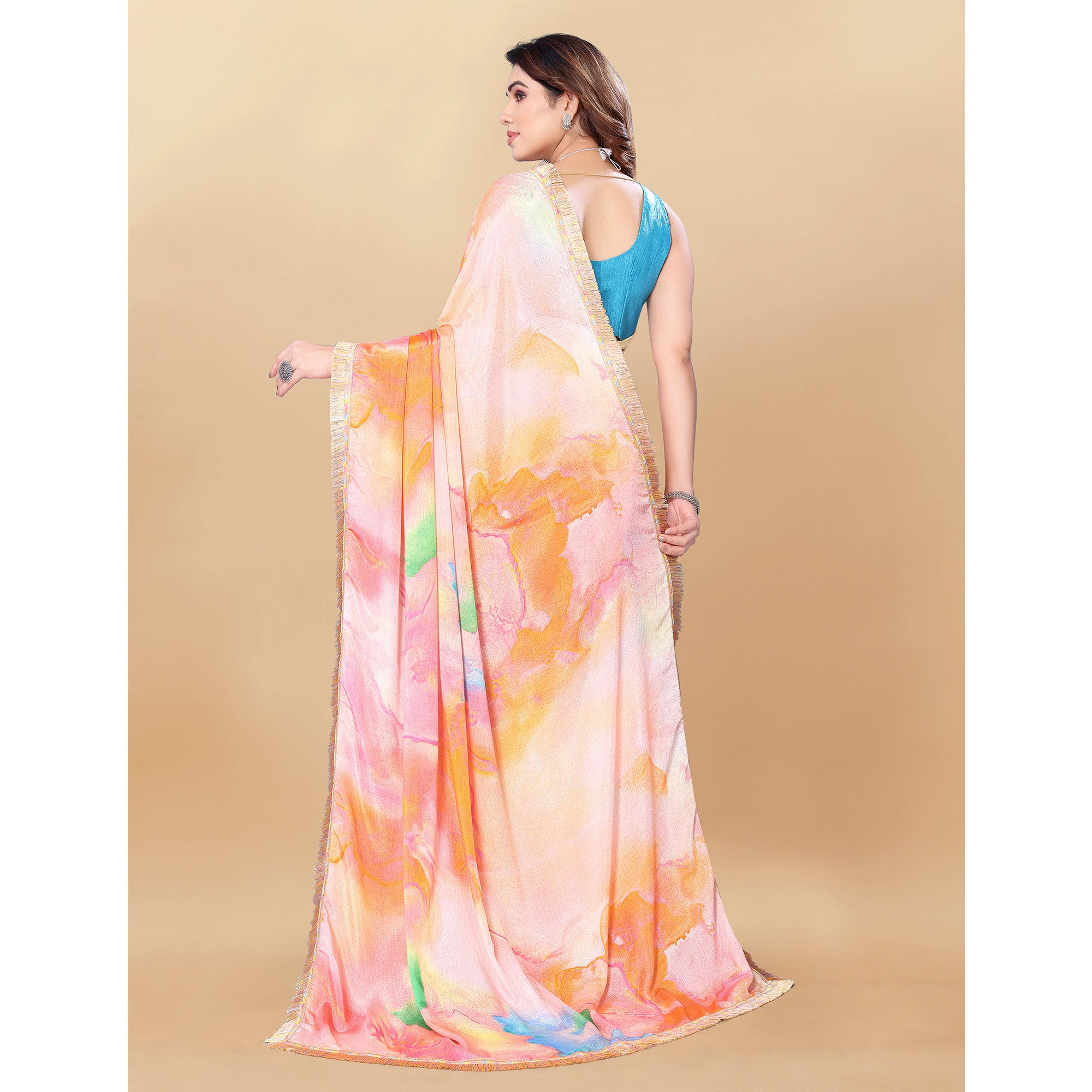 Pink & Orange Printed Chiinon Saree With Lace Border