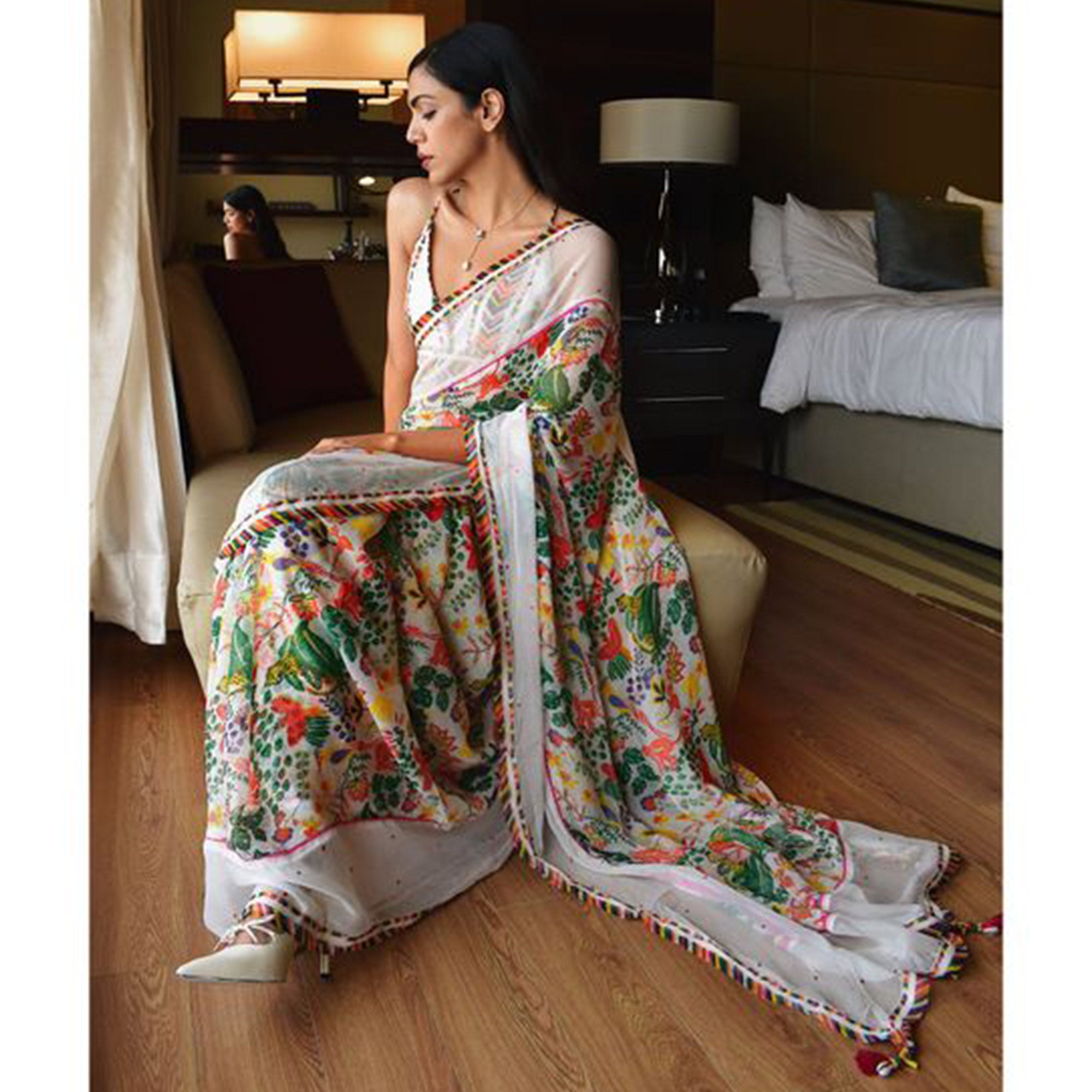 White Floral Digital Printed Georgette Saree