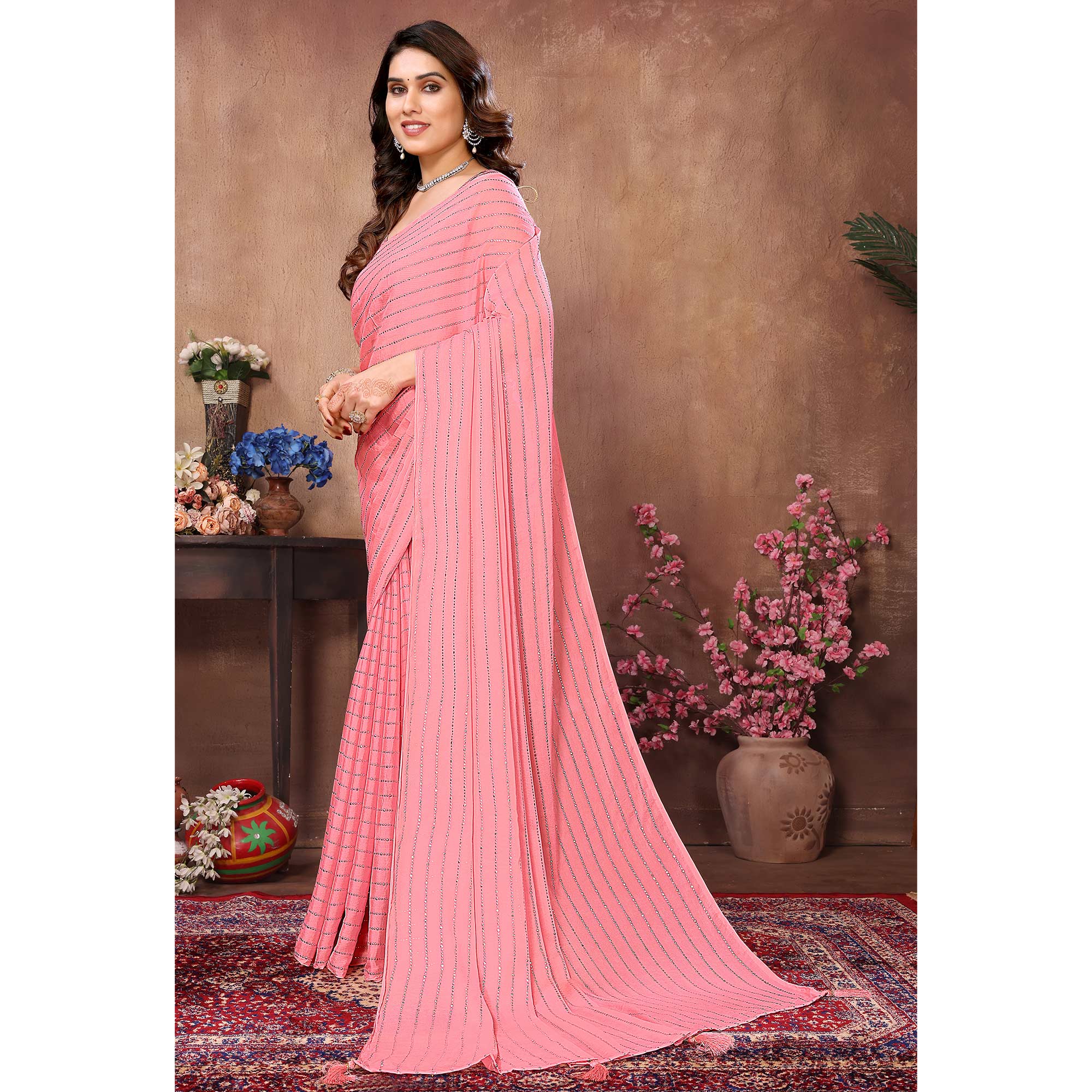 Peach Mukaish Work Silk Saree With Tassels