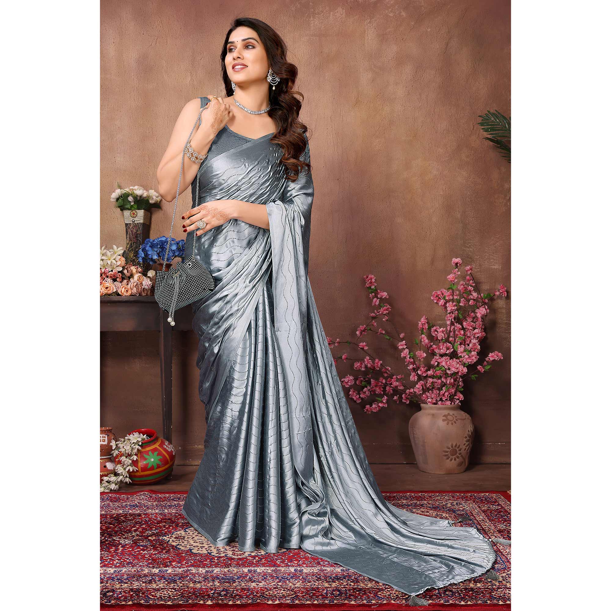 Grey Mukaish Work Satin Saree With Tassels