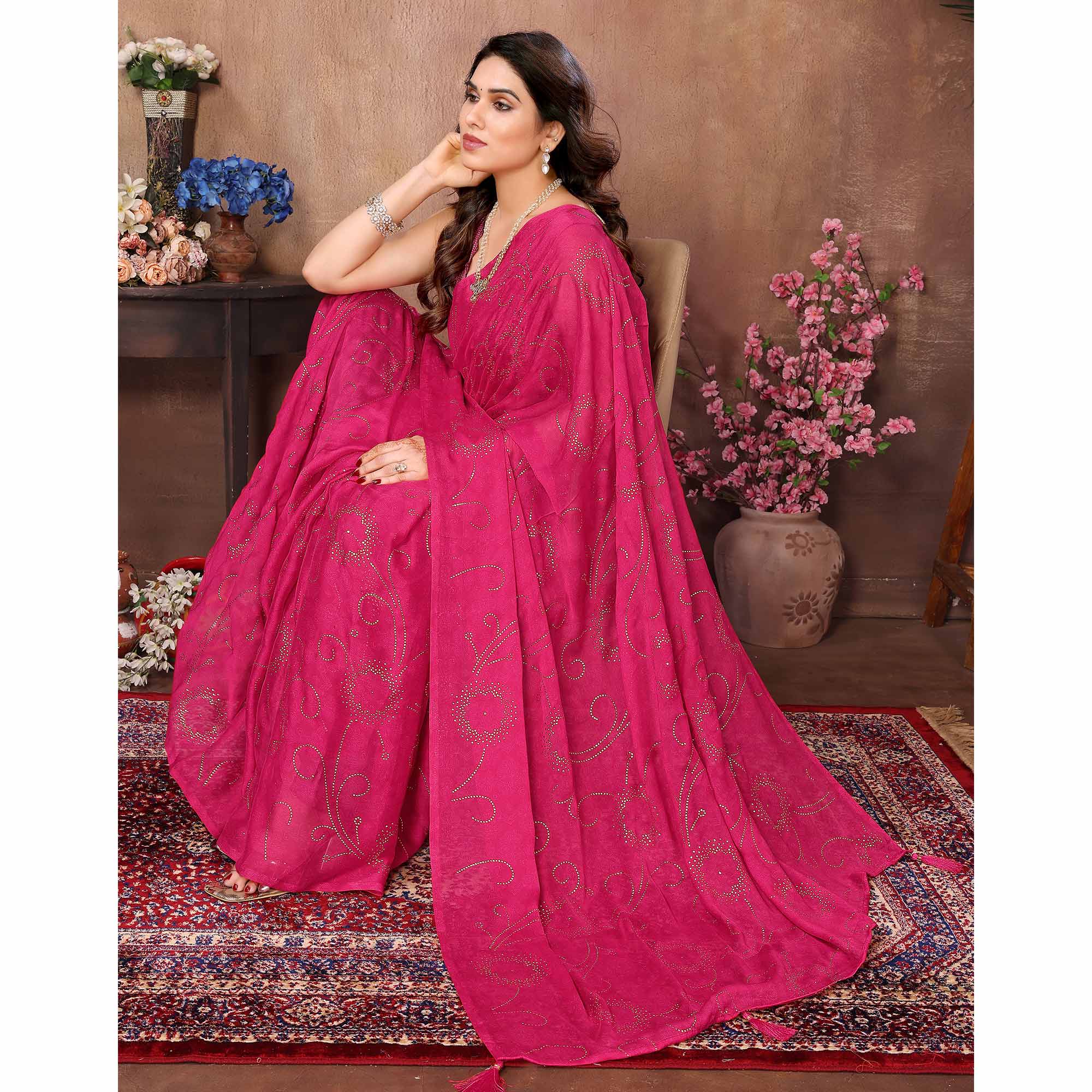 Rani Pink Mukaish With Foil Printed Silk Saree With Tassels