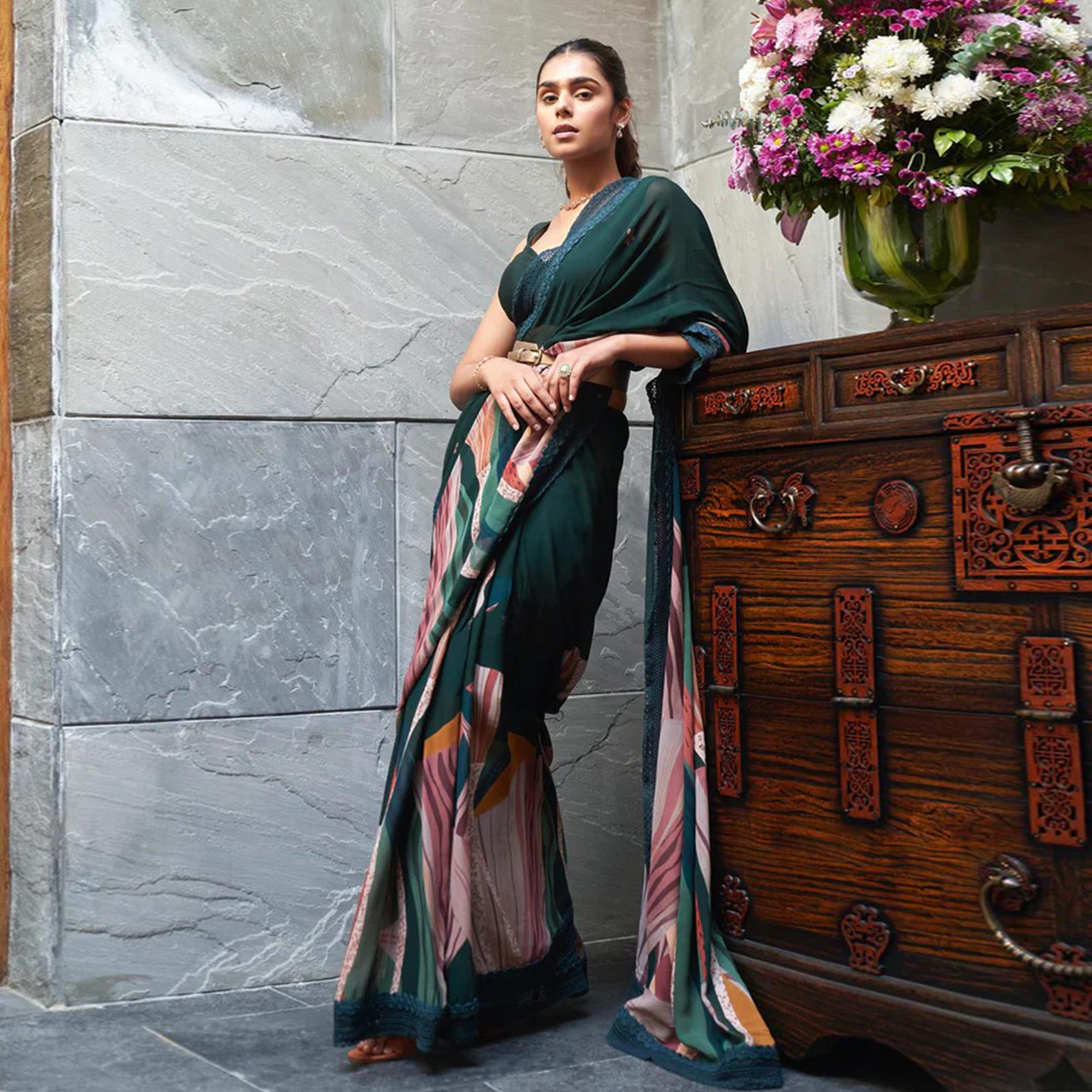 Bottle Green Digital Printed Chinon Saree