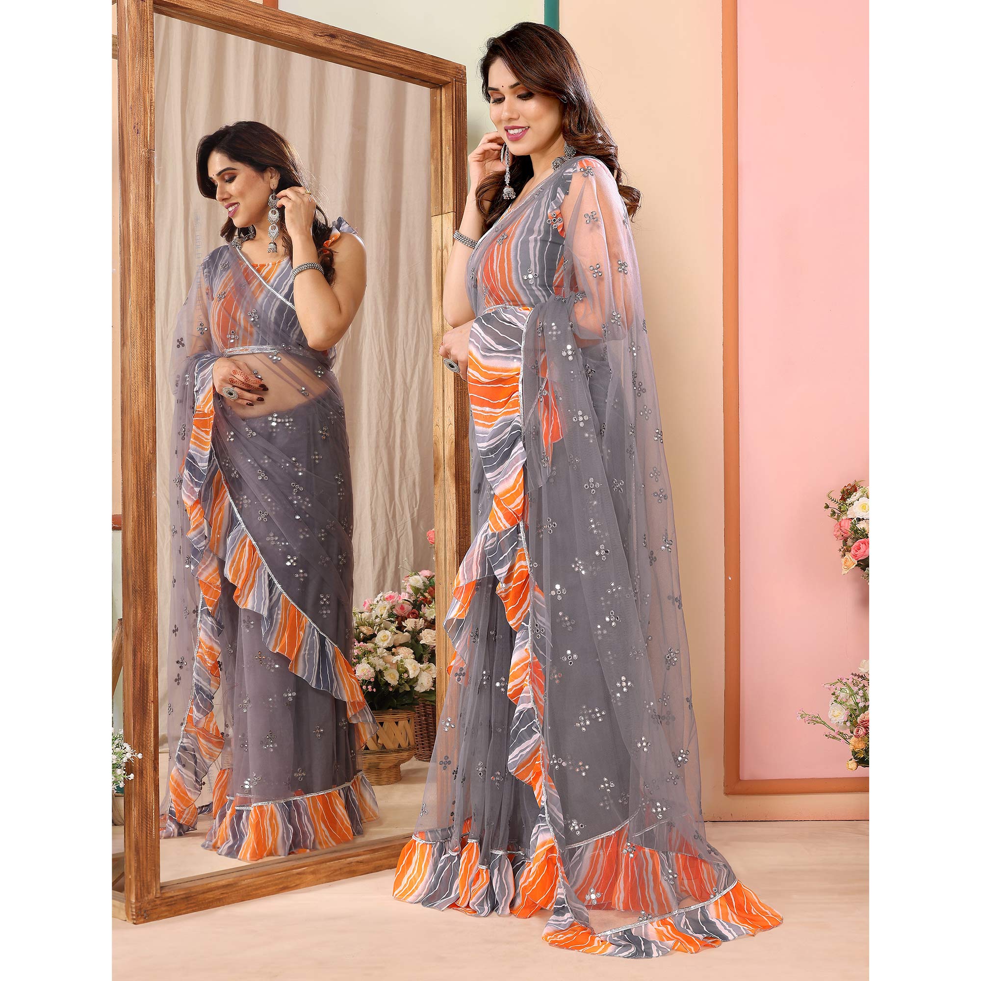 Grey Mirror Work Embroidered Net Ruffle Saree