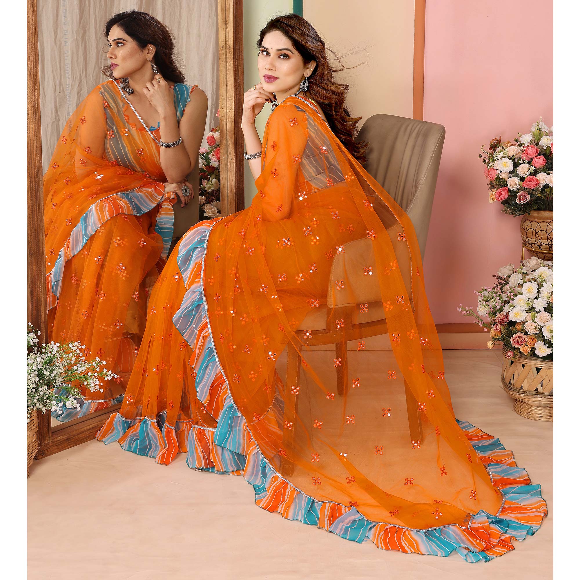 Orange Mirror Work Embroidered Net Ruffle Saree